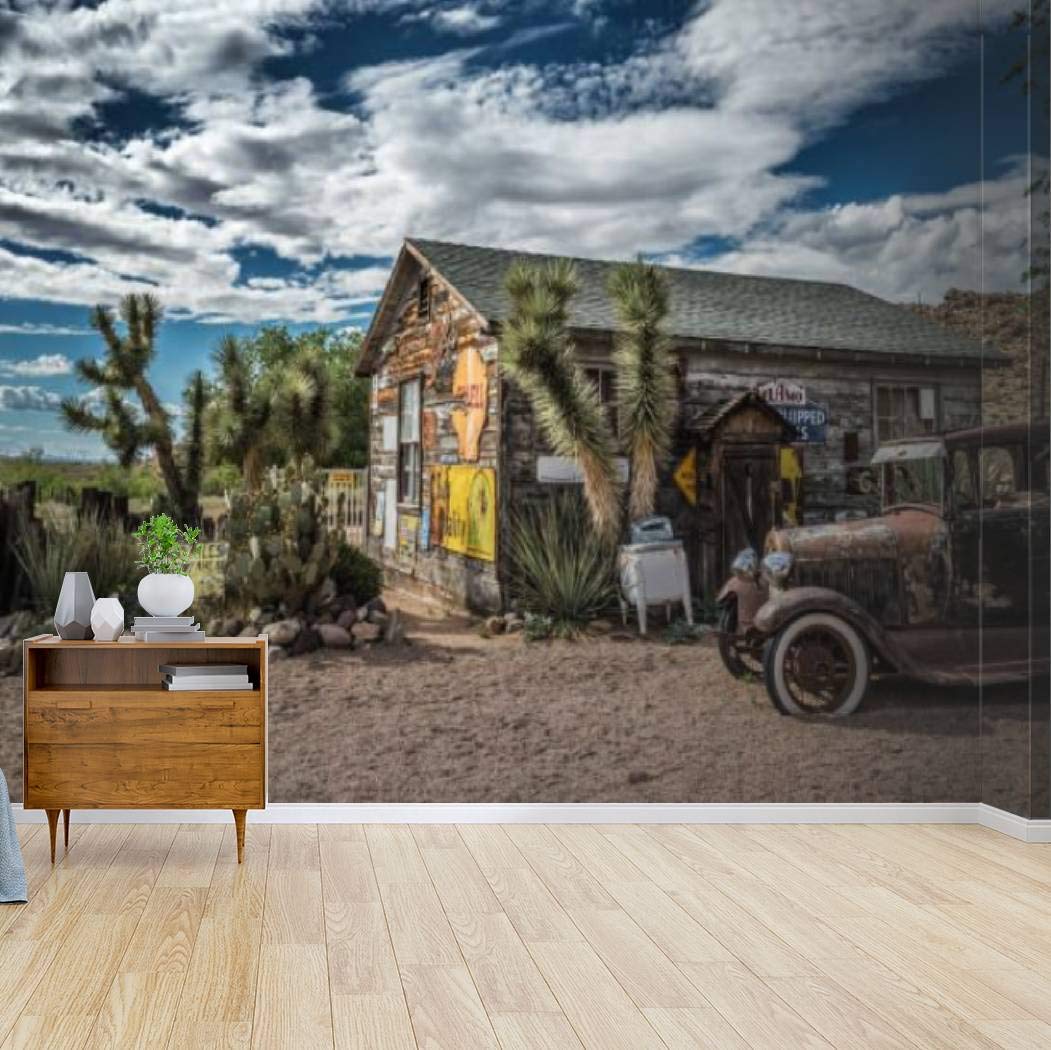 Vintage Arizona Hackberry Old Car Wreck & Store Canvas Print Wallpaper - Self-Adhesive Peel & Stick Wall Mural for Living Room, Bedroom Decor - Western Style Home Craft Wall Decal & Poster Sticker
