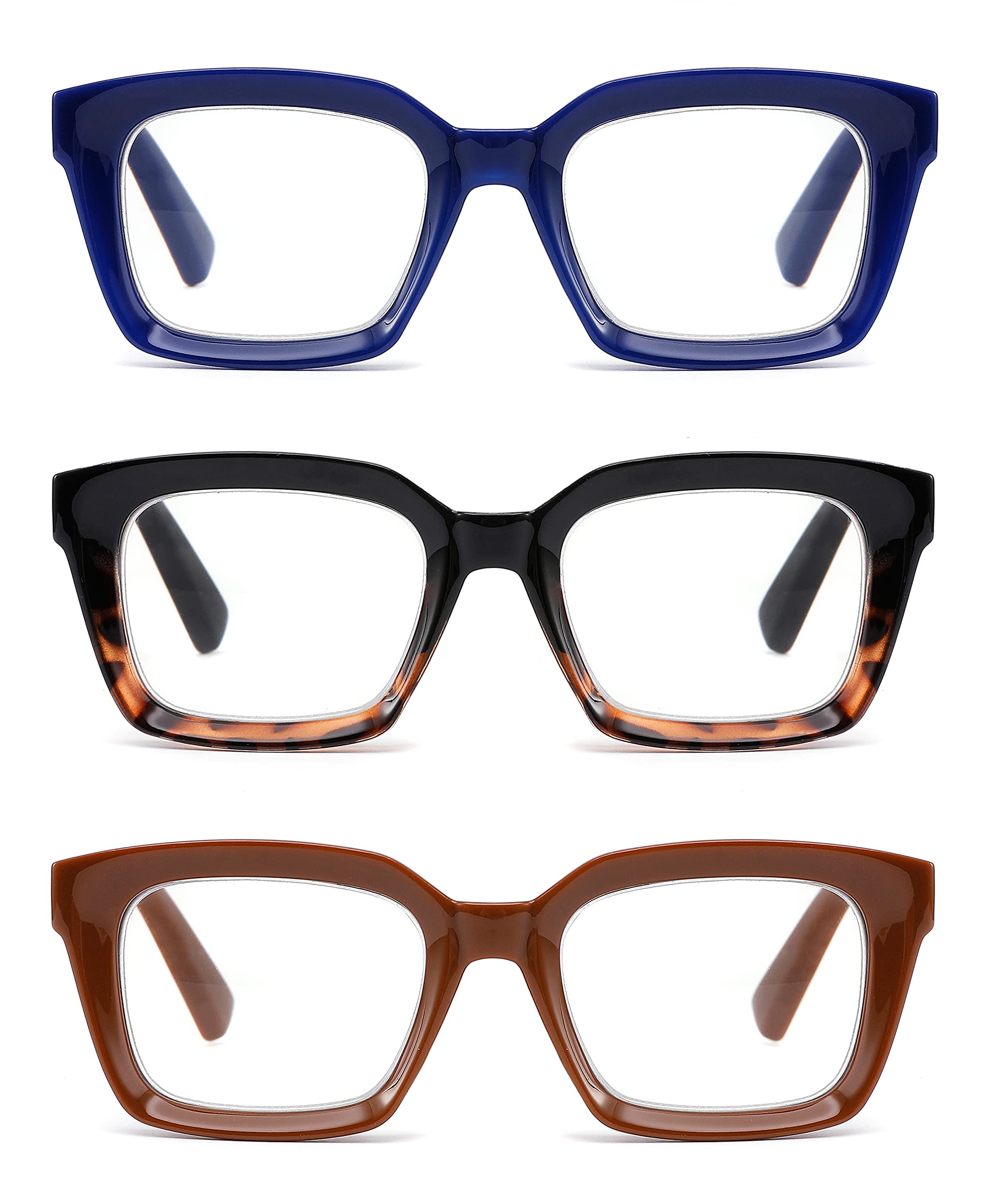 3 Pack Oversized Square Reading Glasses for Women - Blue Light Blocking Readers (Black, Blue, Coffee +2.5 Magnification) | Computer Glasses, Office Work, Reading Books, Screen Time Protection