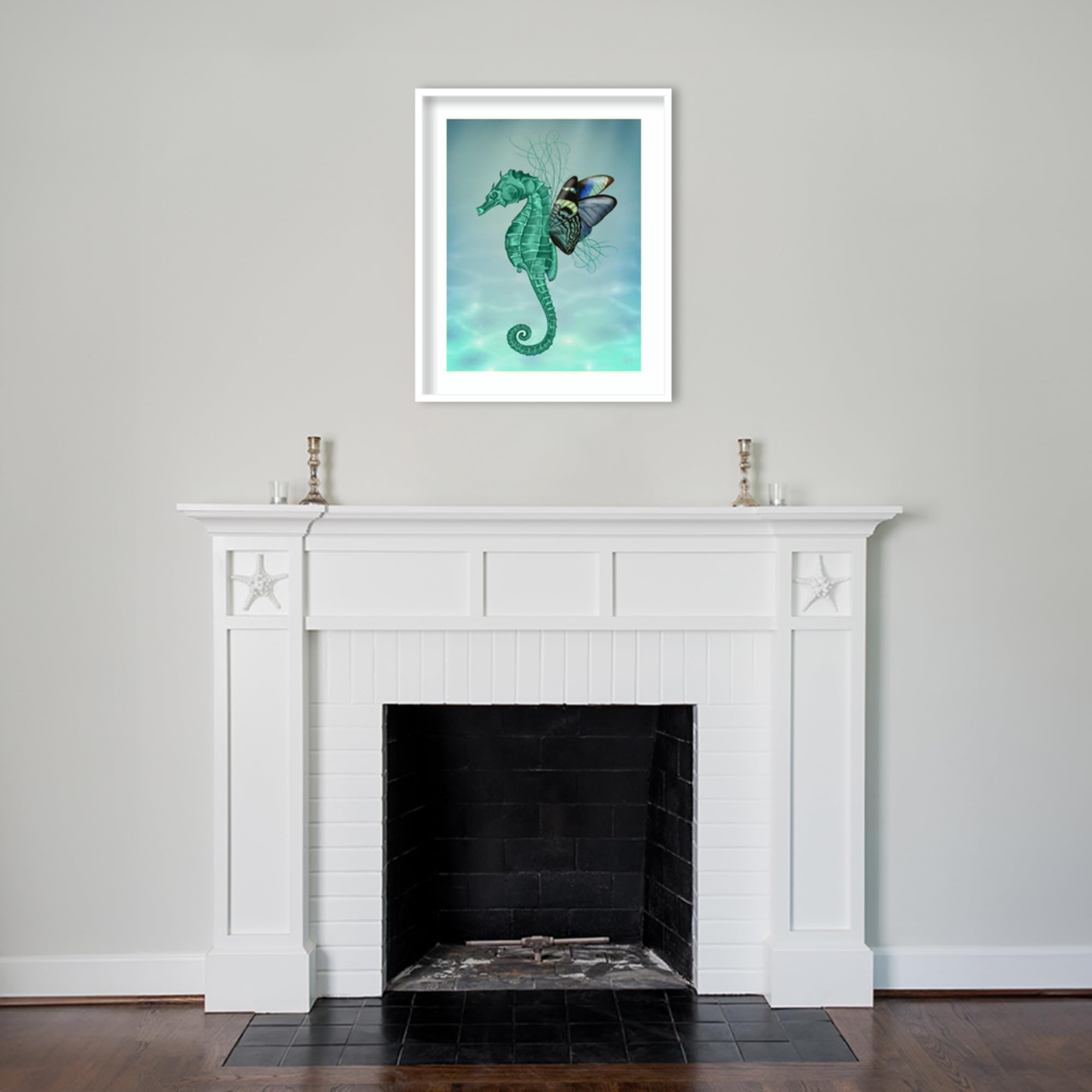 Amanti Art Framed Wall Decor - 33x27 Winged Seahorse Print by Fab Funky | Whimsical Animal Wall Art for Living Room, Bedroom, Office | Large Coastal-Themed Painting for Beach House & Nautical Decor