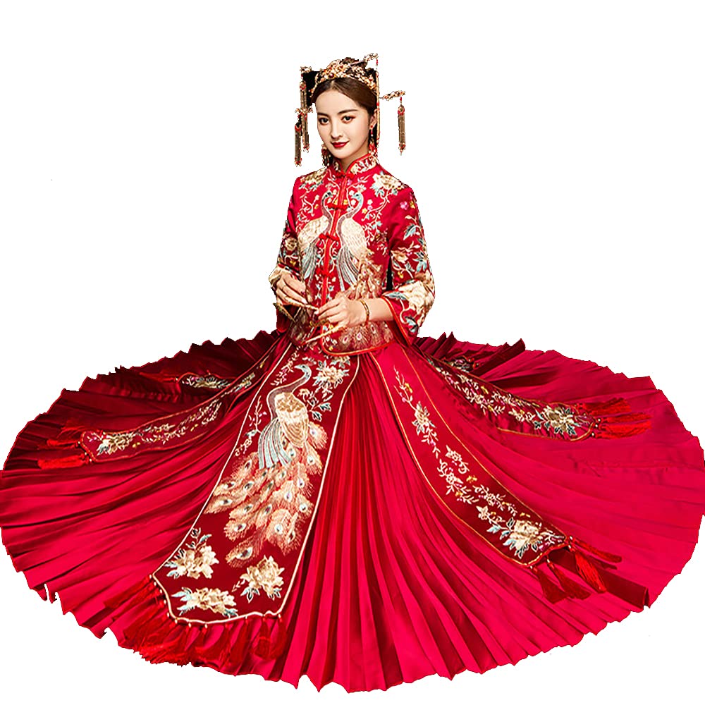 Vintage Peacock Cheongsam Wedding Dress - Traditional Chinese Bridal Gown with Fringed Cuffs & Stand Collar Design | Perfect for Wedding Ceremonies, Cultural Events & Asian-Themed Parties