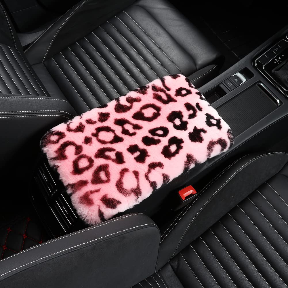 Universal Genuine Sheepskin Wool Fur Car Armrest Cover - Soft Fluffy Center Console Protector for SUV/Truck/Car - Shearling Pink Leopard Design - Perfect for Long Drives & Winter Comfort