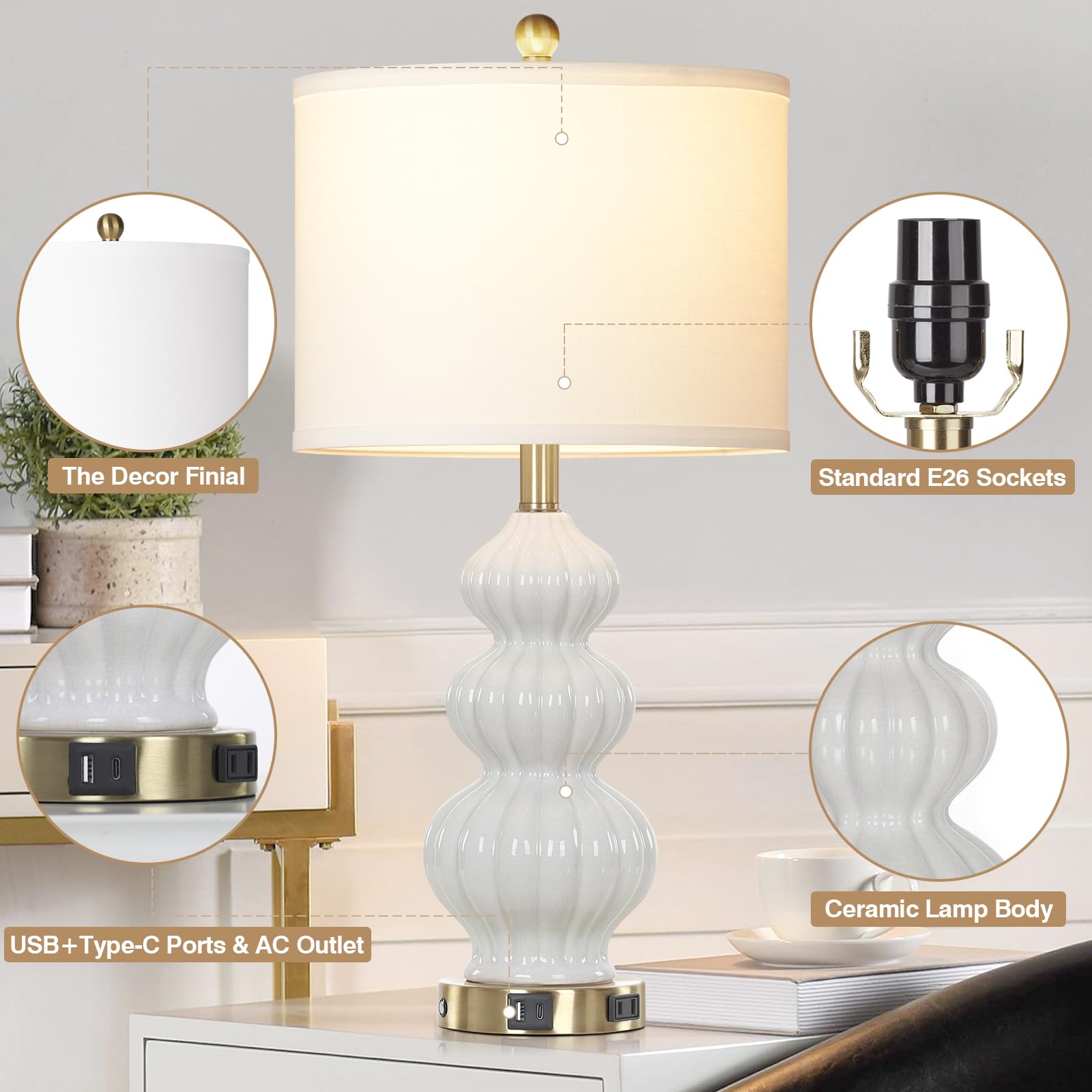 Modern Triple Gourd Ceramic Table Lamps Set of 2 - White USB Bedside Lamps with USB A+C Ports & AC Outlet, 3-Way Touch Control Nightstand Lighting for Bedroom, Living Room, Office - Perfect for Reading, Working & Home Decor