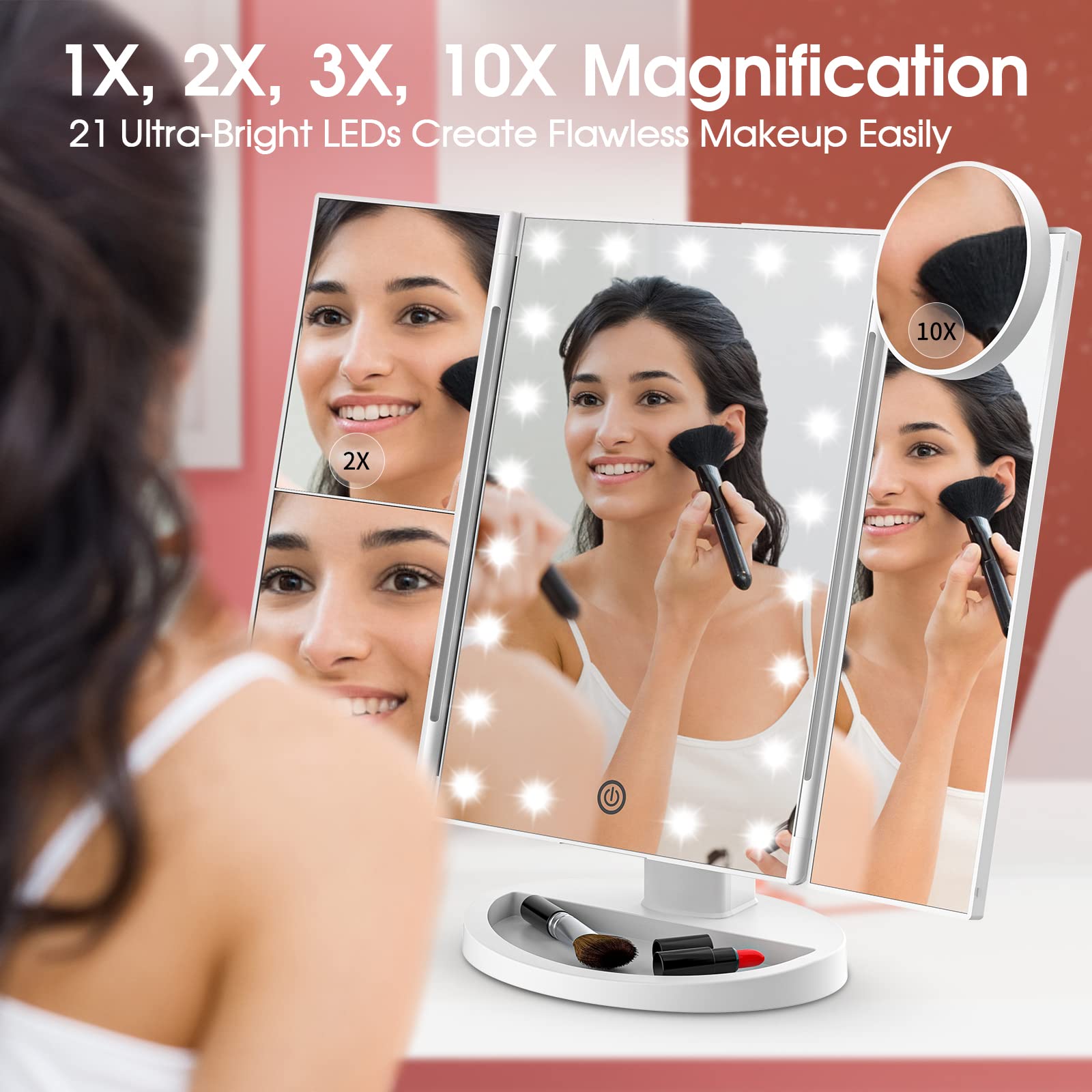 Vanity Mirror with Lights - 3-Sided Lighted Makeup Mirror with 2X 3X 10X Magnification, 21 LED Touch Dimming Mirror, Dual Power Supply (AC/USB) - Perfect for Makeup Application, Skincare Routine & Travel - Ideal Gift for Women, White