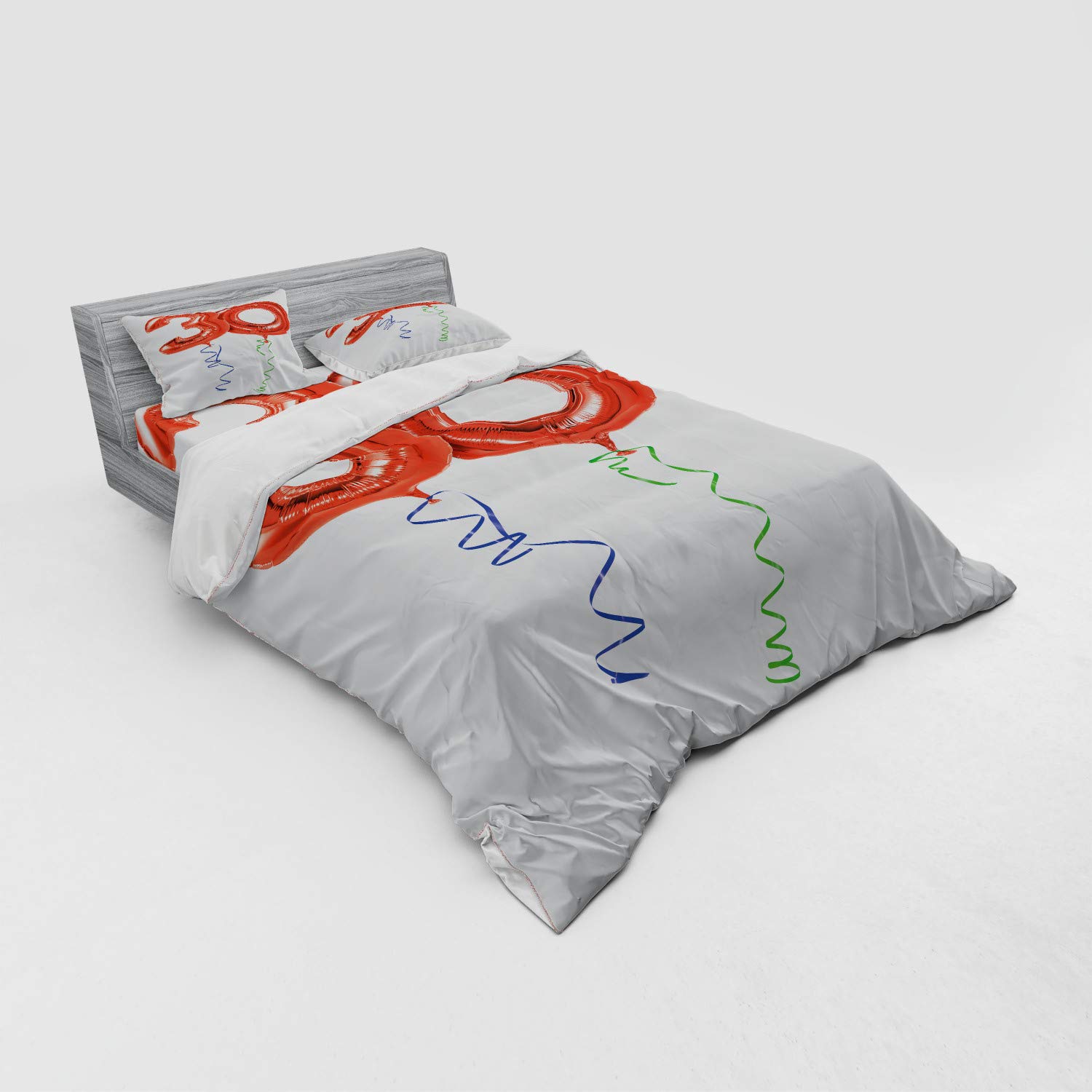 Ambesonne 30th Birthday Duvet Cover Set - Red Balloon Number Design with Swirl Ribbons, 4-Piece Queen Size Bedding Set (Duvet Cover + 2 Pillow Shams + Fitted Sheet) in Red, Blue & Green | Perfect for Birthday Parties, Adult Bedrooms & Gift Giving
