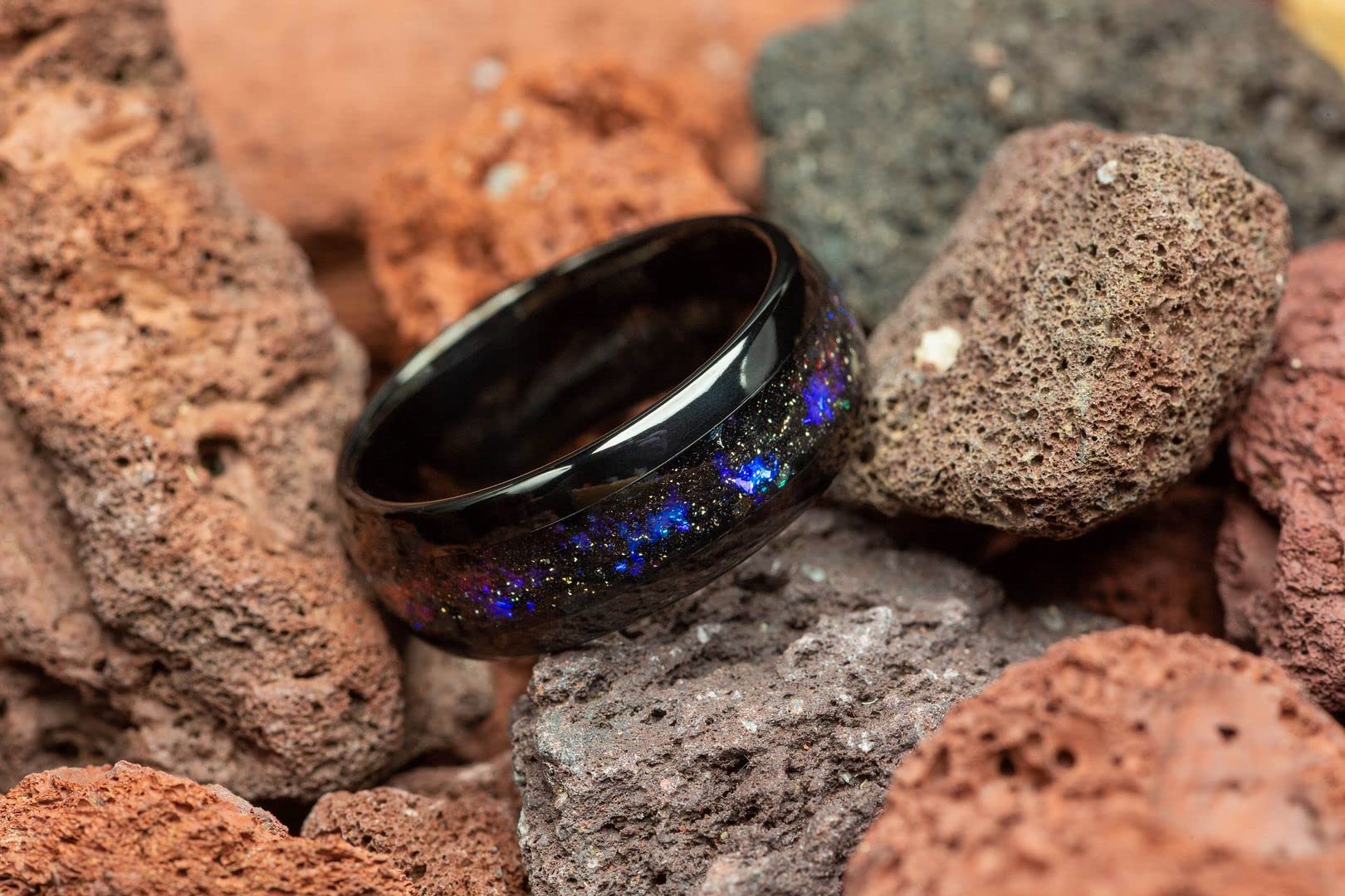 Black Tungsten Sandstone Men's Wedding Ring - 8mm Comfort Fit Space Nebula Design Band for Men - Perfect for Weddings, Anniversaries & Everyday Wear