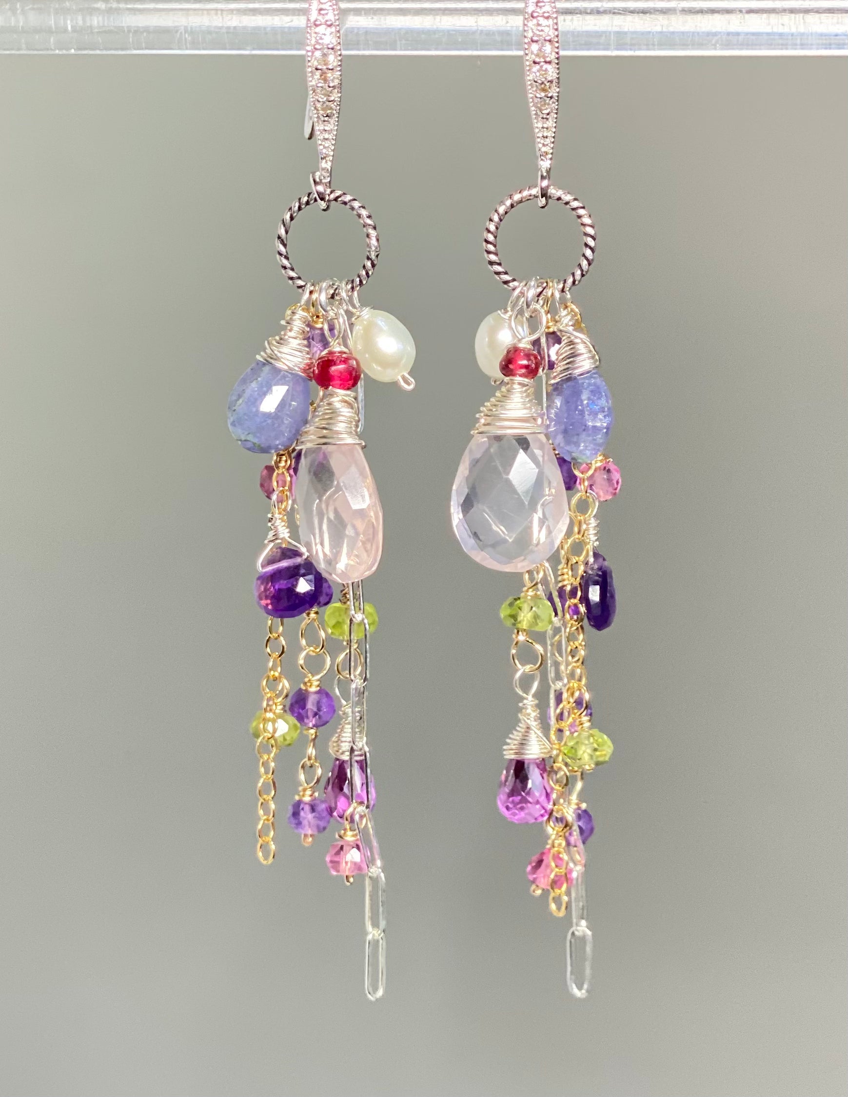 Rose Quartz Multi Gem Dangle Earrings with Tanzanite & Violet Stones in Sterling Silver - Elegant Jewelry for Women, Perfect for Parties, Weddings & Special Occasions