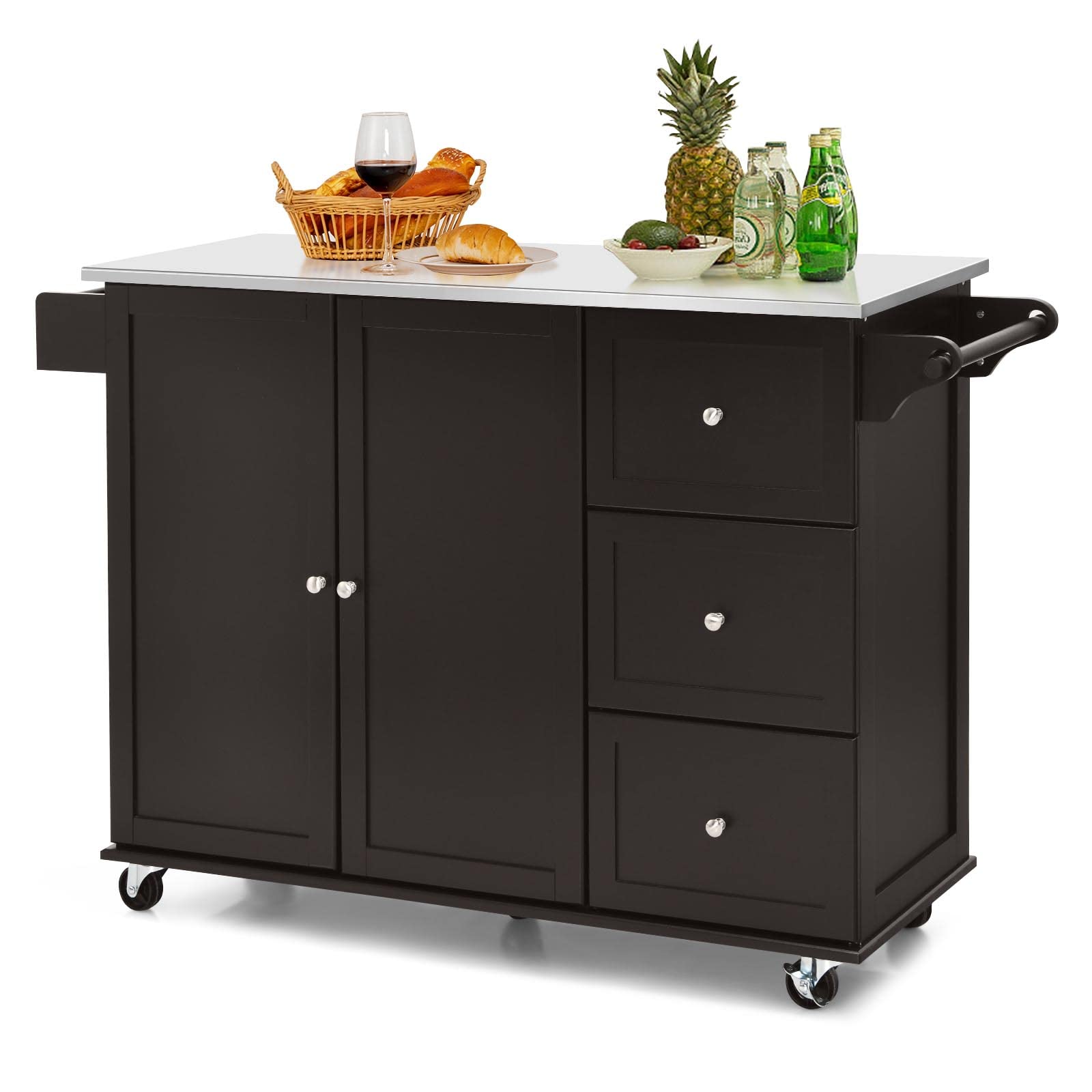GOFLAME Stainless Steel Kitchen Island Cart with Wheels - Mobile Kitchen Trolley with Storage Shelves & Towel Rack - Perfect for Small Kitchens, Dining Rooms & Restaurants - Space-Saving Rolling Cart for Cooking Prep & Serving (Brown)