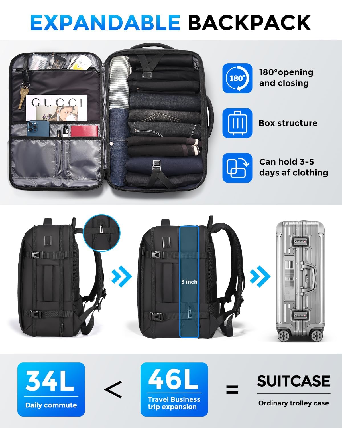 Men's Travel Backpack - Flight Approved Carry-On Backpack with USB Charging Port, Water Resistant Expandable Laptop Daypack (Fits 17.3 Inch Laptop) - Perfect for Business Travel, College & Work Commute