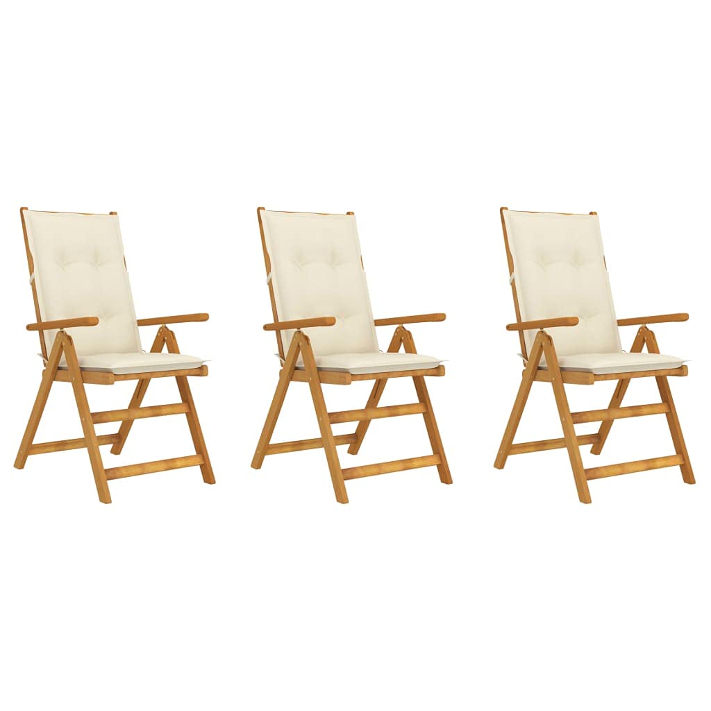 3-Piece Acacia Wood Folding Dining Chairs Set with Thick Cushions - Adjustable Reclining Patio Chairs with Armrests for Indoor Outdoor Use - Perfect for Backyard, Garden, Deck & Dining Room - Brown/Cream