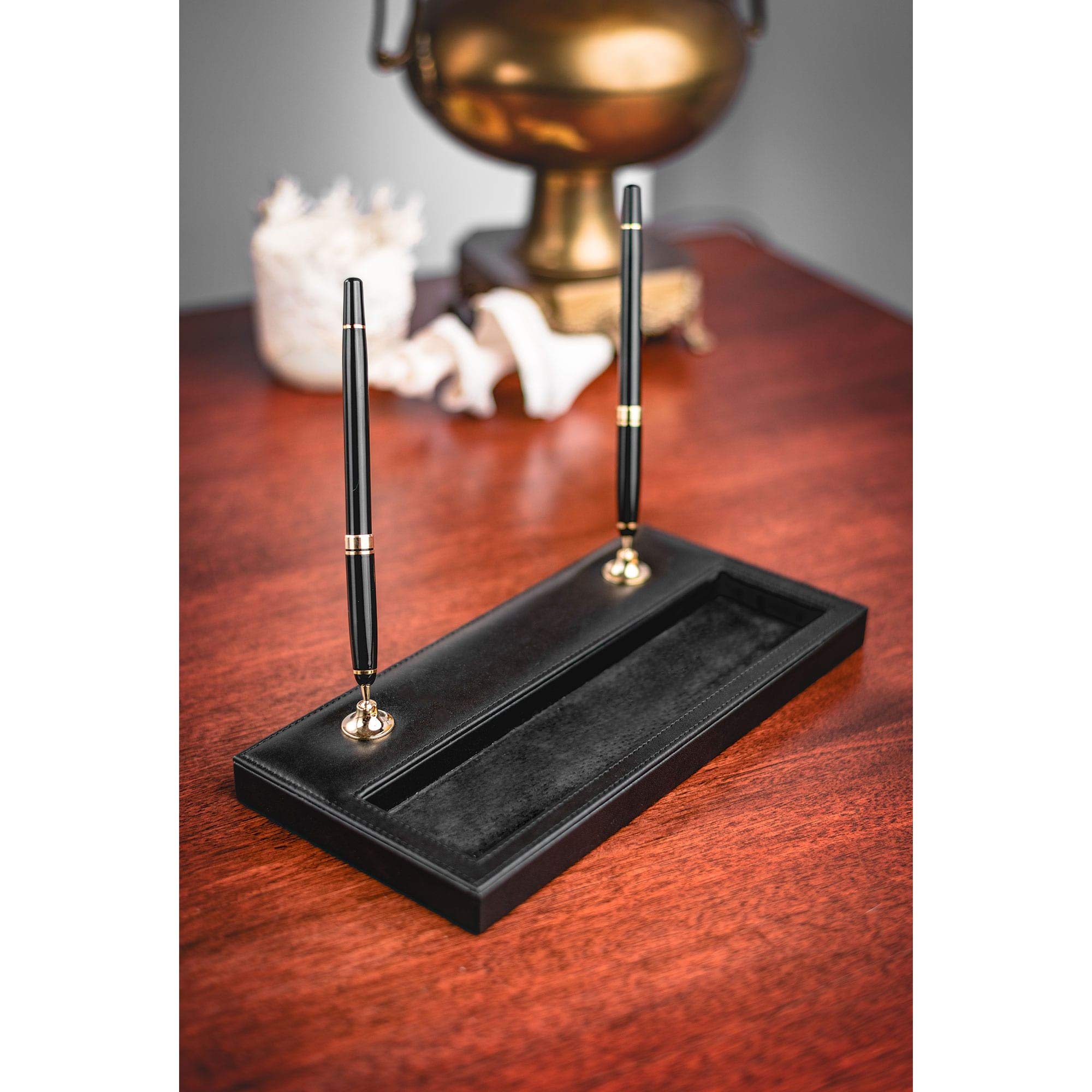 Premium Black Leather Pen Holder with Double Gold Accents - Elegant Desk Organizer for Office, Home & Gift Giving