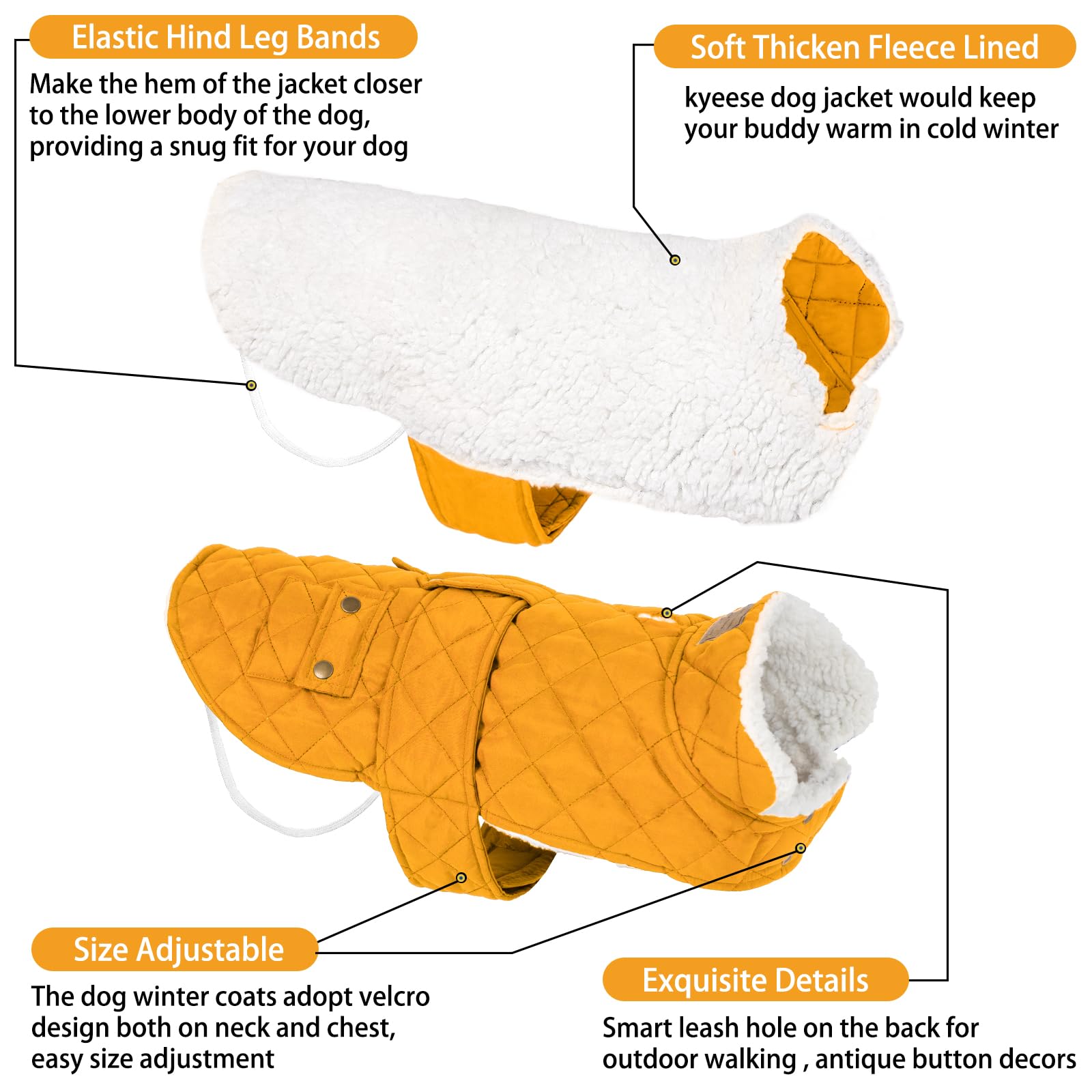 KYEESE Winter Windproof Dog Jacket with Leash Hole - Padded Sherpa Vest for Large Dogs, Cold Weather Coat in Yellow - Perfect for Outdoor Walks, Hiking & Winter Adventures