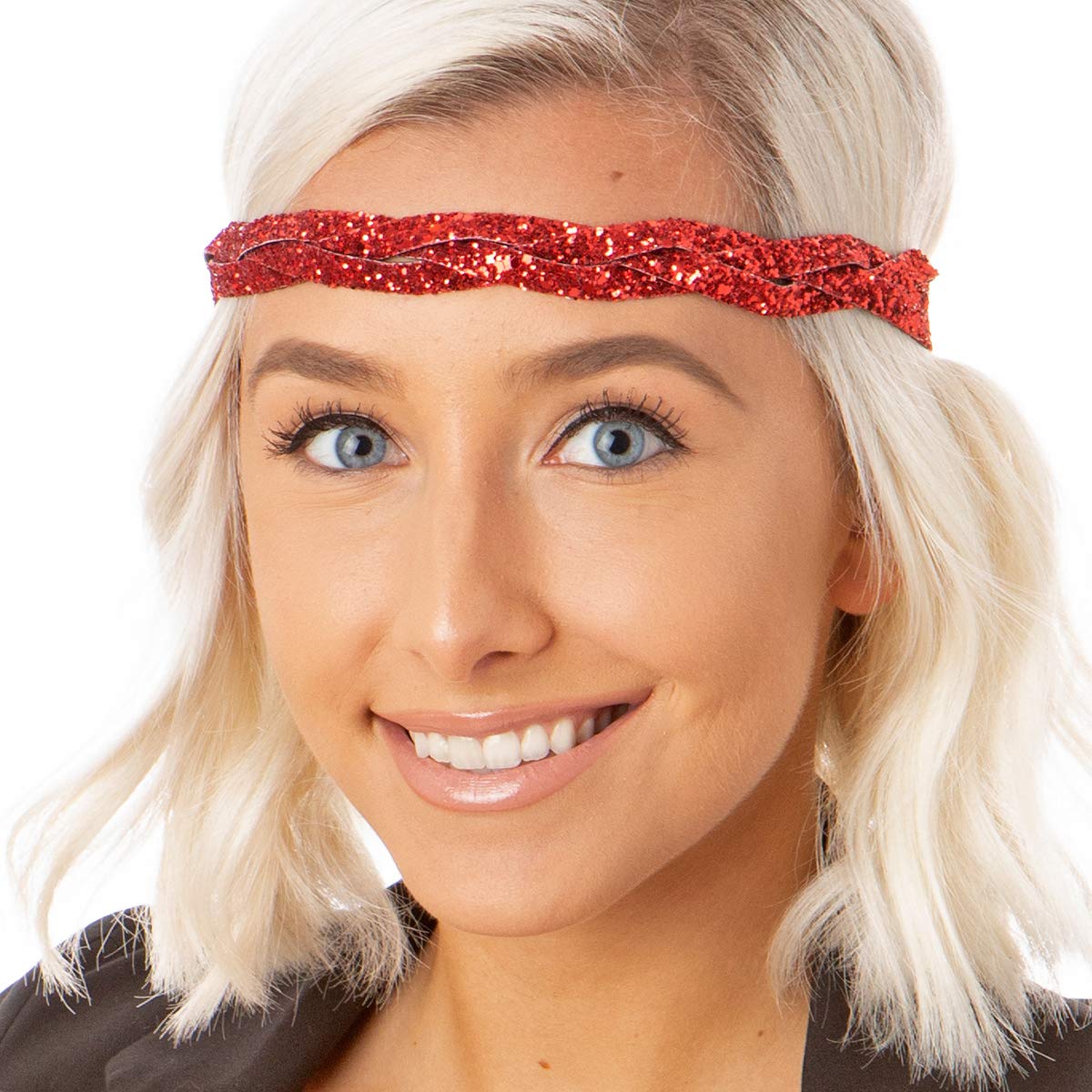 Hipsy Women's Adjustable Sparkly Glitter Headbands - 3 Pack Braided Hair Bands with Rhinestones (Black/Gold/Red) for Parties, Weddings & Everyday Fashion Accessories