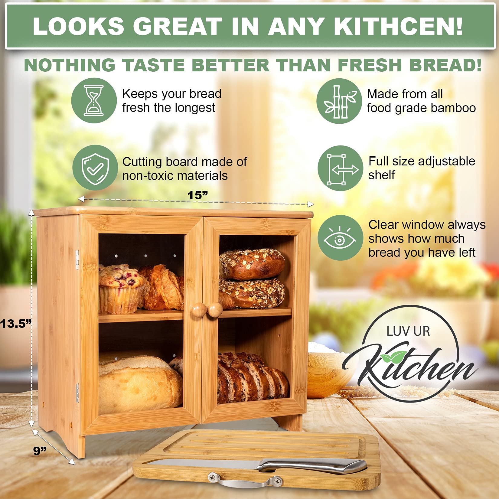 Rustic Large Wooden Bread Box for Kitchen Countertop with Thick Bamboo Cutting Board & Stainless Steel Bread Knife - Adjustable Shelf, Easy Self-Assembly | Perfect for Bread Storage, Baking Essentials, and Farmhouse Style Kitchen Decor