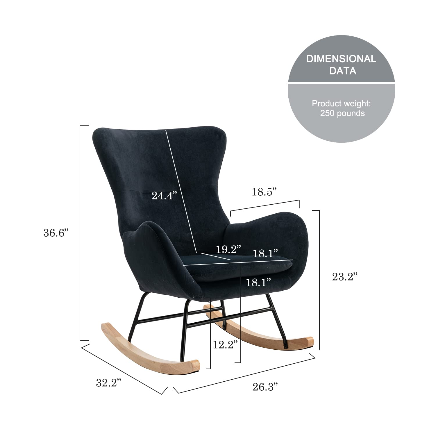 Modern Rocking Chair - High Back Upholstered Glider with Armrests, Comfortable Nursery Rocker for Baby Room, Living Room & Bedroom (Black) - Perfect for Nursing, Reading & Relaxing