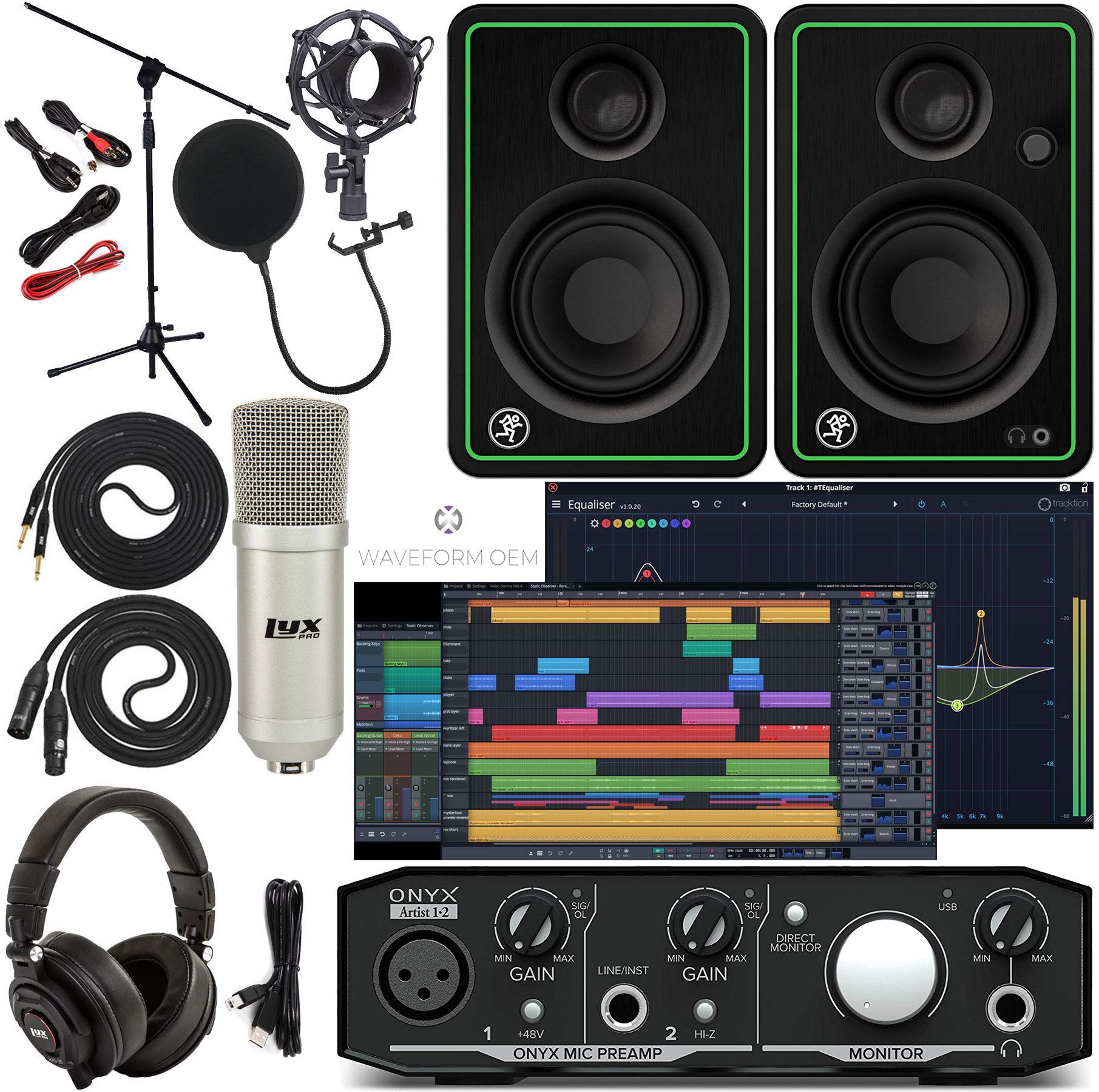 Mackie Onyx Artist 1-2 USB Audio Interface with Pro Tools Music Production Software, CR5-X Studio Monitor Speakers, Condenser Microphone, XLR Cables, Headphones & Mic Stand - Perfect for Home Recording, Podcasting & Music Production
