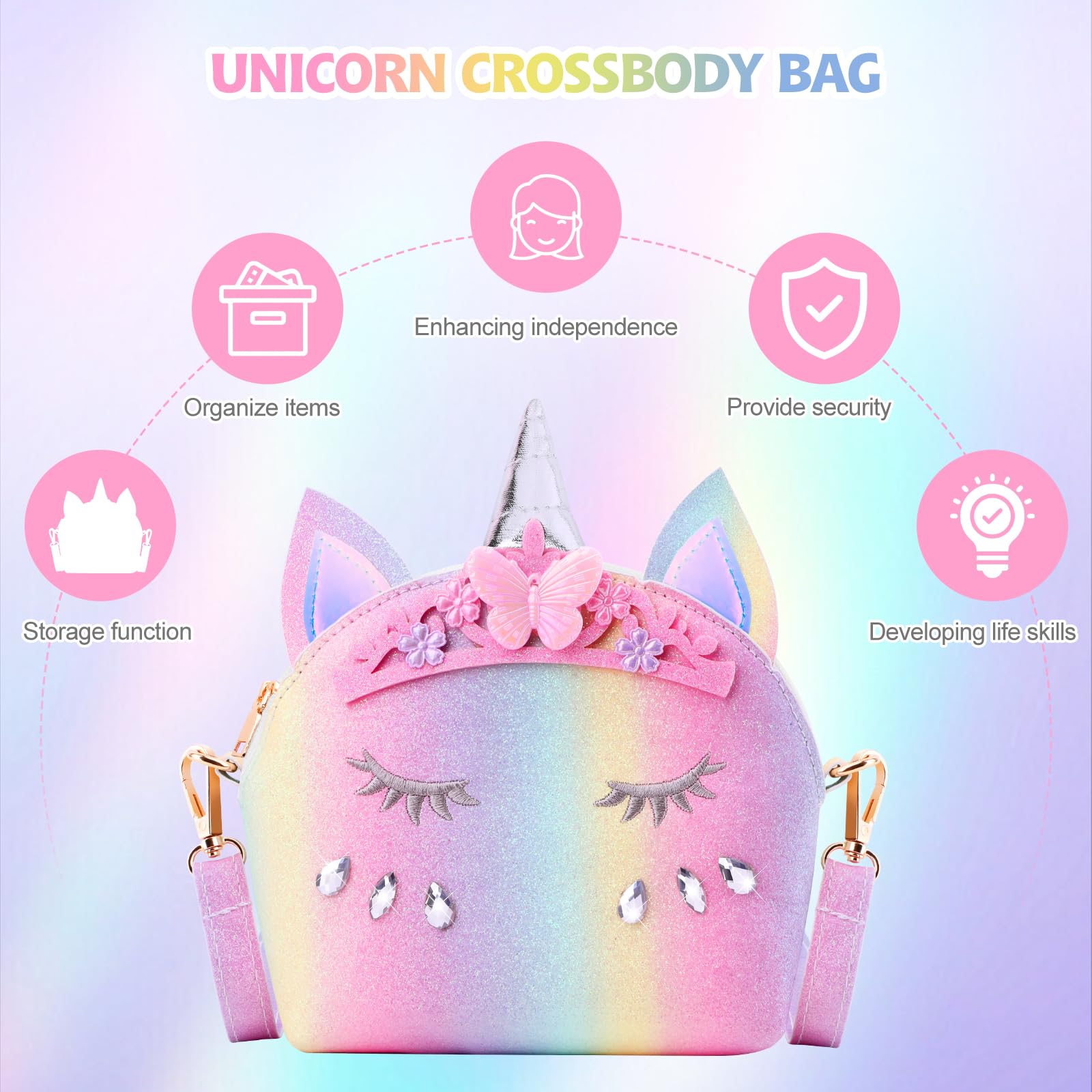 JYPS 7PCS Toddler Purse for Girls - Pretend Play Wallet with Princess Dress Up Jewelry Set (Rainbow Crown Unicorn) - Perfect for Birthday Gifts, Role Play & Imaginative Play