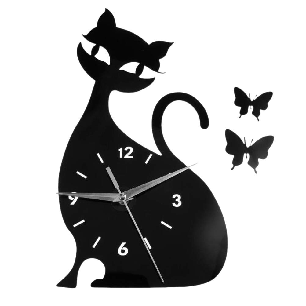 Amosfun Modern Black Cat Wall Clock - Stylish Mirror Wall Decor for Living Room, Bedroom & Office - Unique Home Decor Gift for Cat Lovers - Perfect for Home, Office & Gift Giving