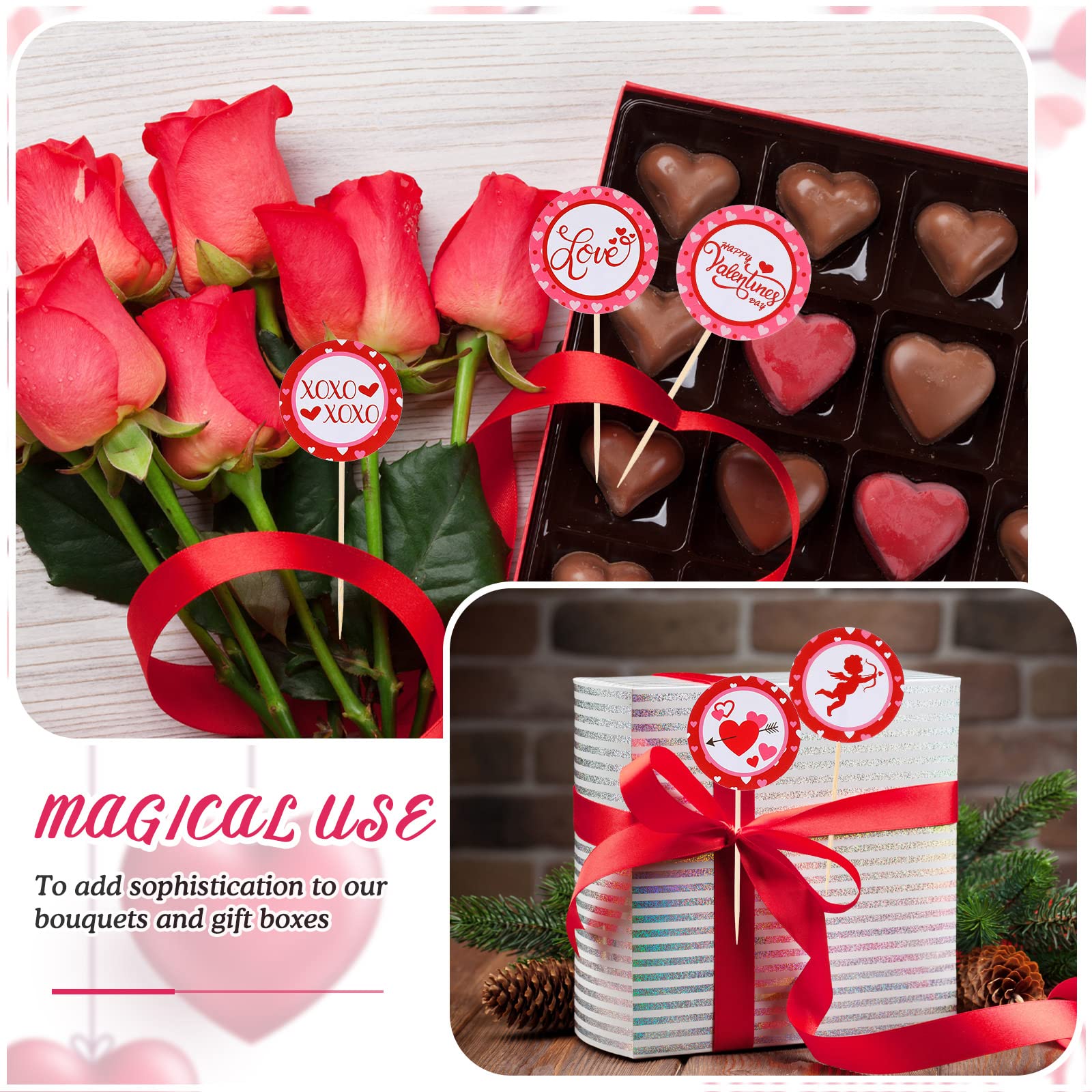 50 Packs Valentine's Day Cupcake Toppers - Sweet XOXO Love Heart Cupcake Picks, Red Glitter Paper Valentine's Decorations for Parties, Weddings & Romantic Celebrations