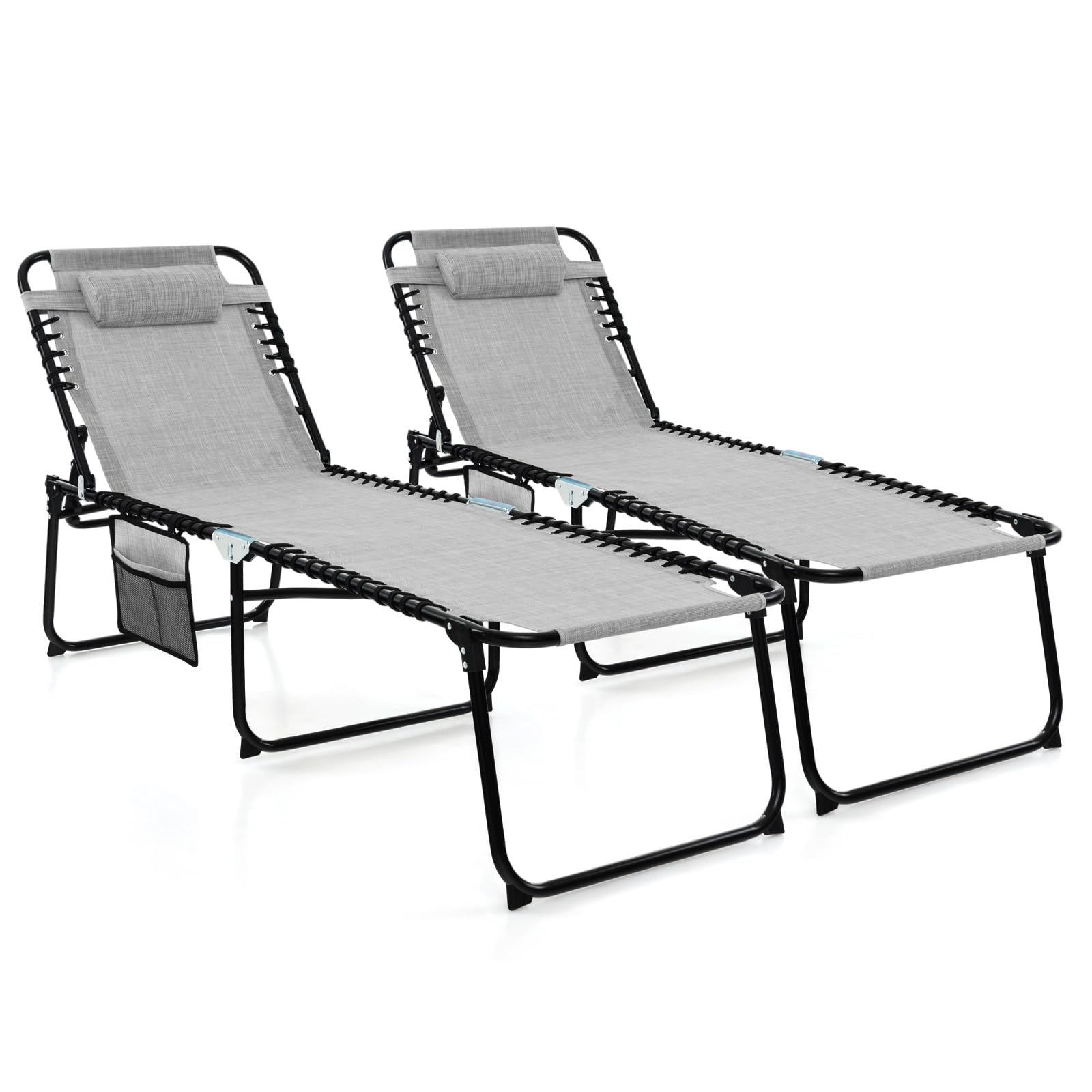 Giantex 2-Pack Folding Patio Lounge Chairs with Headrest - Adjustable Tanning Chairs for Outdoor, 4 Position Settings & Side Pocket - Perfect for Poolside, Beach Sunbathing, Backyard Relaxation & Camping - Grey