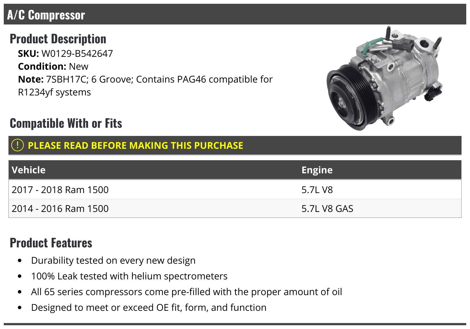 2014-2018 Ram 1500 AC Compressor Replacement - High Performance Auto Air Conditioning Part for Hot Summer Driving & Off-Road Adventures
