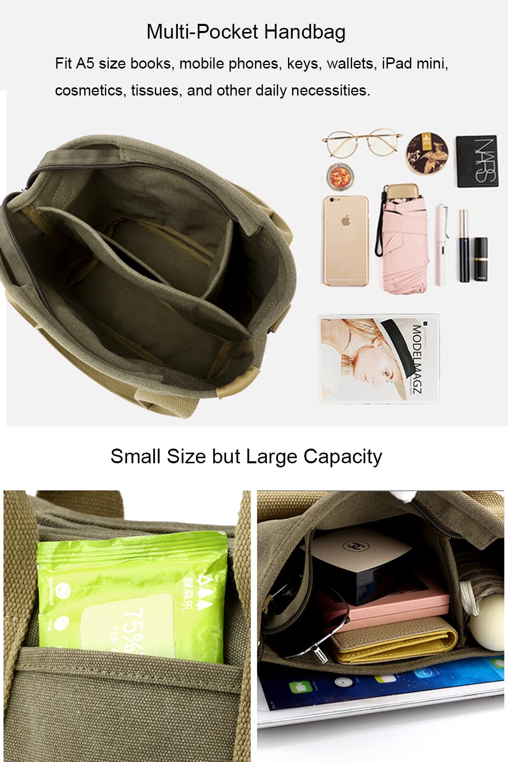 Women's Canvas Tote Bag with Zipper - Multi-Pocket Hobo Shoulder Bag for Travel & Work