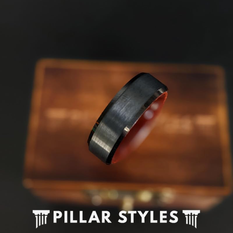 Men's Black Wood Wedding Band - 8mm Tungsten Ring with Rose Wood Inlay & Beveled Edges - Unique Nature-Inspired Anniversary Gift for Him - Perfect for Outdoor Weddings, Vow Renewals & Nature Lovers