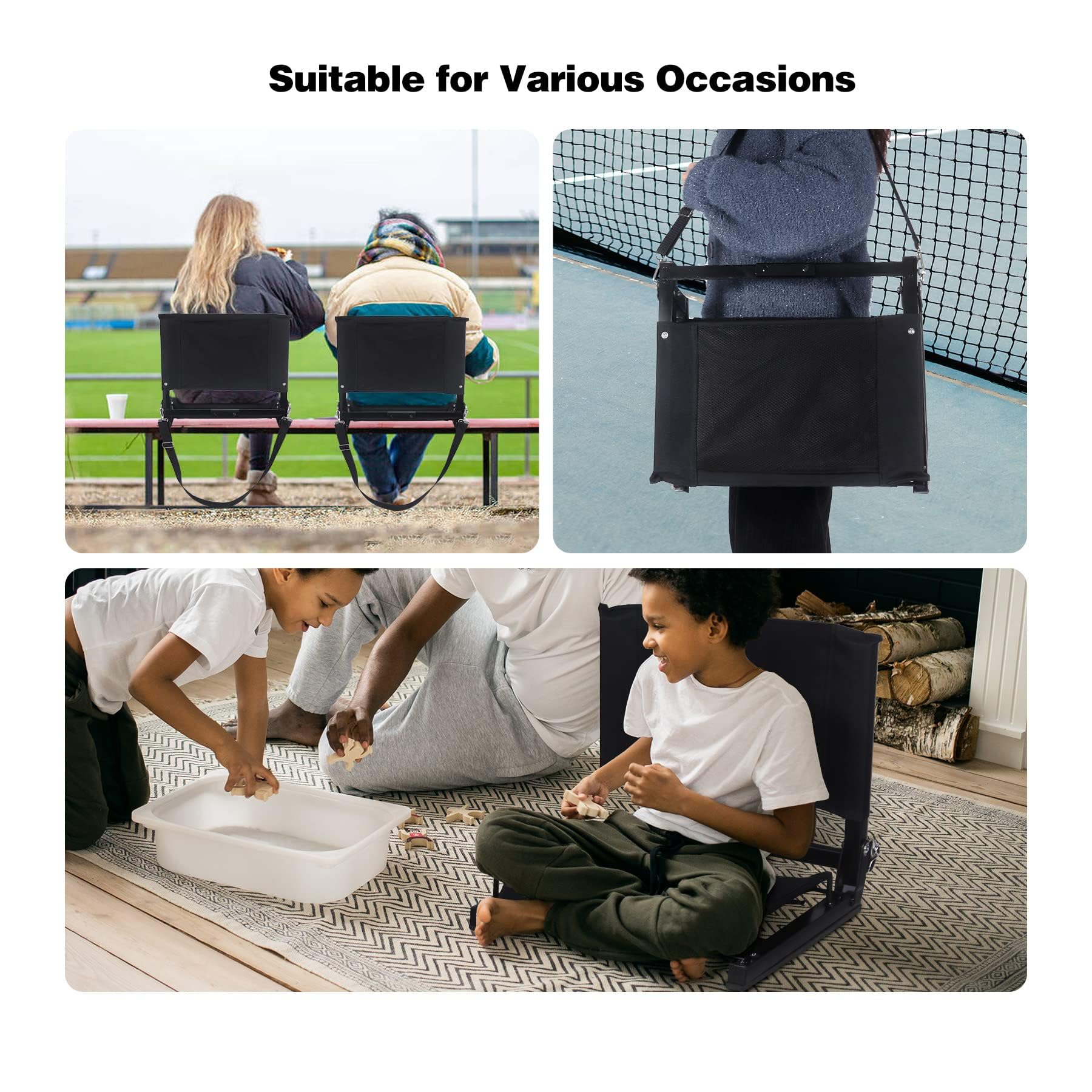 REDCAMP Portable Folding Stadium Seat with Back Support, Cup Holder & Storage Pocket - Lightweight Bleacher Chair for Outdoor Sports, Concerts, Camping & Picnics - Comfortable Bench Seat Cushion (Black)