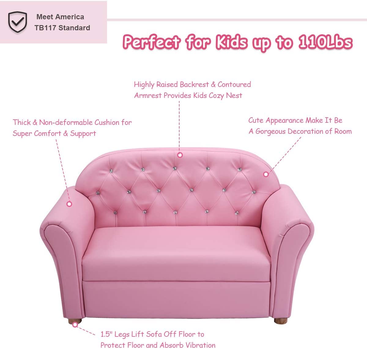 Fireflowery 37-inch Kids Sofa - Sturdy Wood Frame & PU Leather Upholstered Play Couch with Double Foam Padding - Toddler Lounge Chair for Preschool Girls (Pink) - Perfect for Playrooms, Bedrooms & Daycare Centers