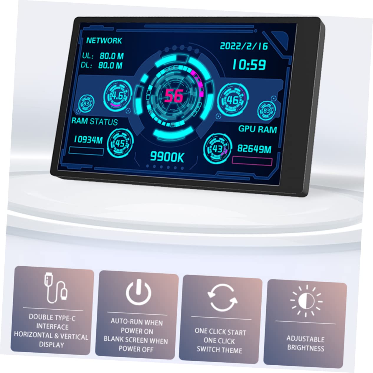 WATIIFUFU Mini USB Computer Secondary Screen - RAM, HDD, GPU & Network Data Monitor for PC Case - Real-Time System Performance Display for Gaming, Streaming & Workstations