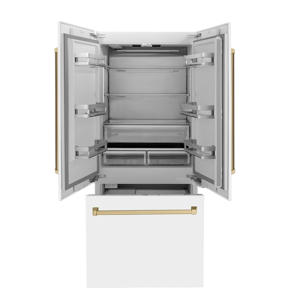 ZLINE Autograph Edition 36 Inch 19.6 cu ft French Door Built-In Bottom Freezer Refrigerator with Water Dispenser & Ice Maker - White Matte with Champagne Bronze Accents (RBIVZ WM 36 CB) | Premium Kitchen Appliance for Modern Homes & Restaurants