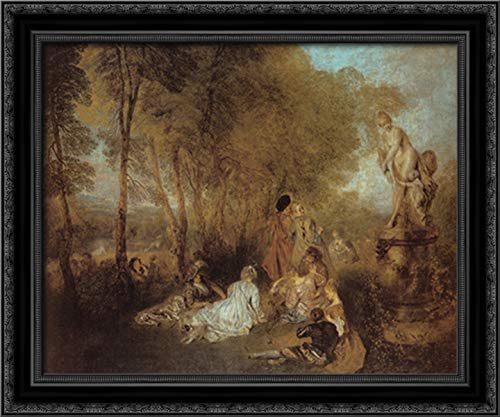 Jean Antoine Watteau Romantic Black Ornate Wood Framed Canvas Art - 24x20 Inches Wall Decor for Valentine's Day, Wedding Gift & Bedroom Decoration