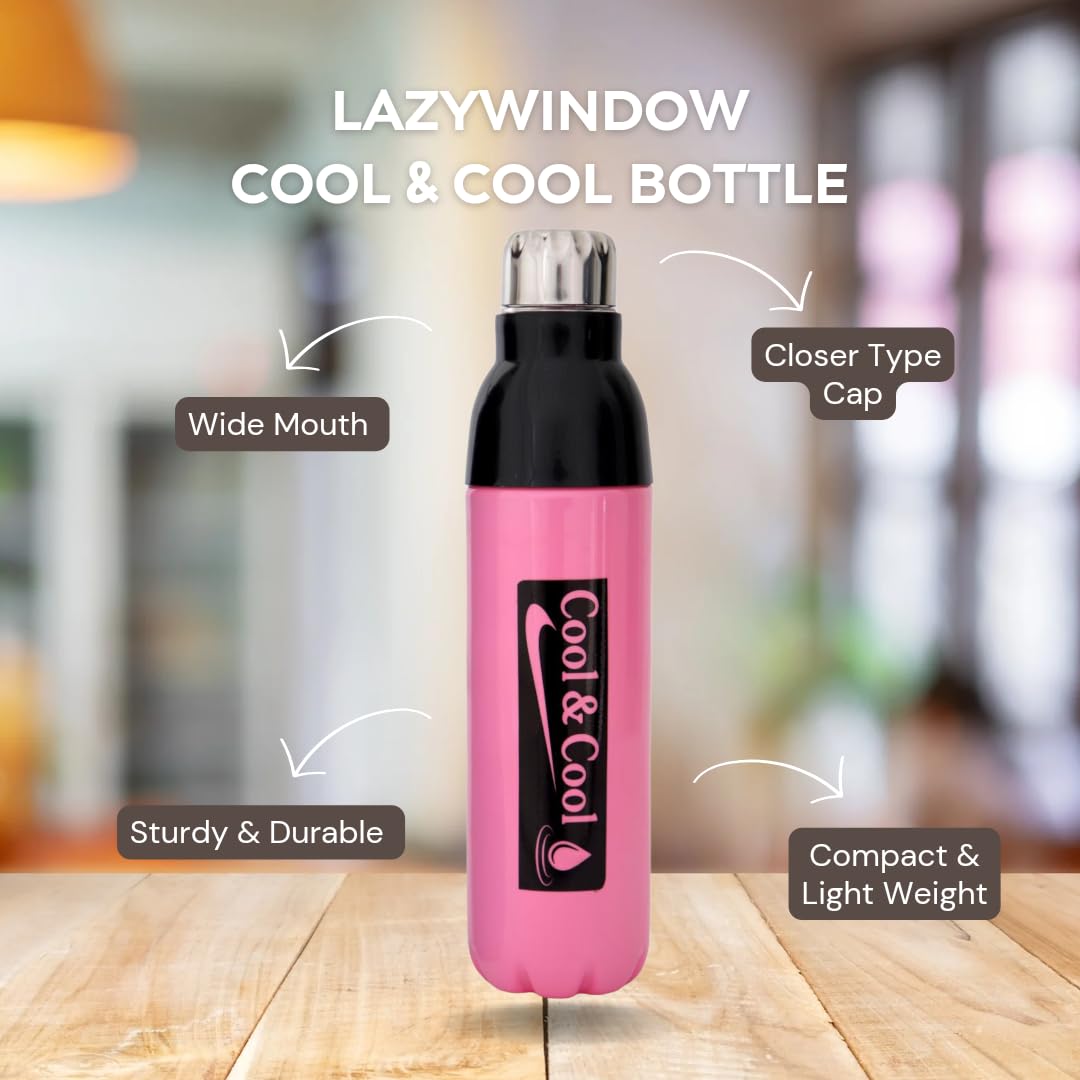 LAZYwindow 1000ml Pink Insulated Plastic Water Bottle - Keeps Drinks Cold for 24 Hours, BPA Free, Leak Proof - Perfect for Gym, Hiking, School & Office Use