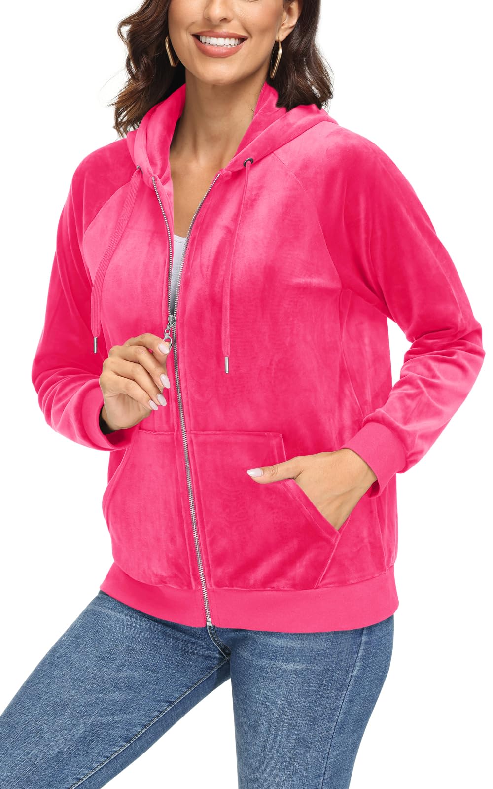 TACVASEN Women's Velour Jacket with Hood - Soft Fleece Long Sleeve Full Zip Hooded Jacket for Winter, Outdoor & Casual Wear