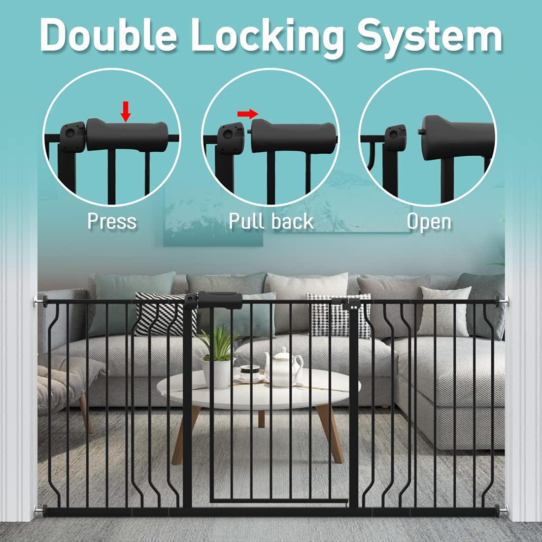 WAOWAO Extra Wide Baby Gate 90.55-100 Inch Pressure Mounted Walk Through with Auto Close - Black Metal Safety Gate for Toddlers, Kids, Pets (Dogs, Cats) - Perfect for Stairs, Doorways, Kitchen & Hallways
