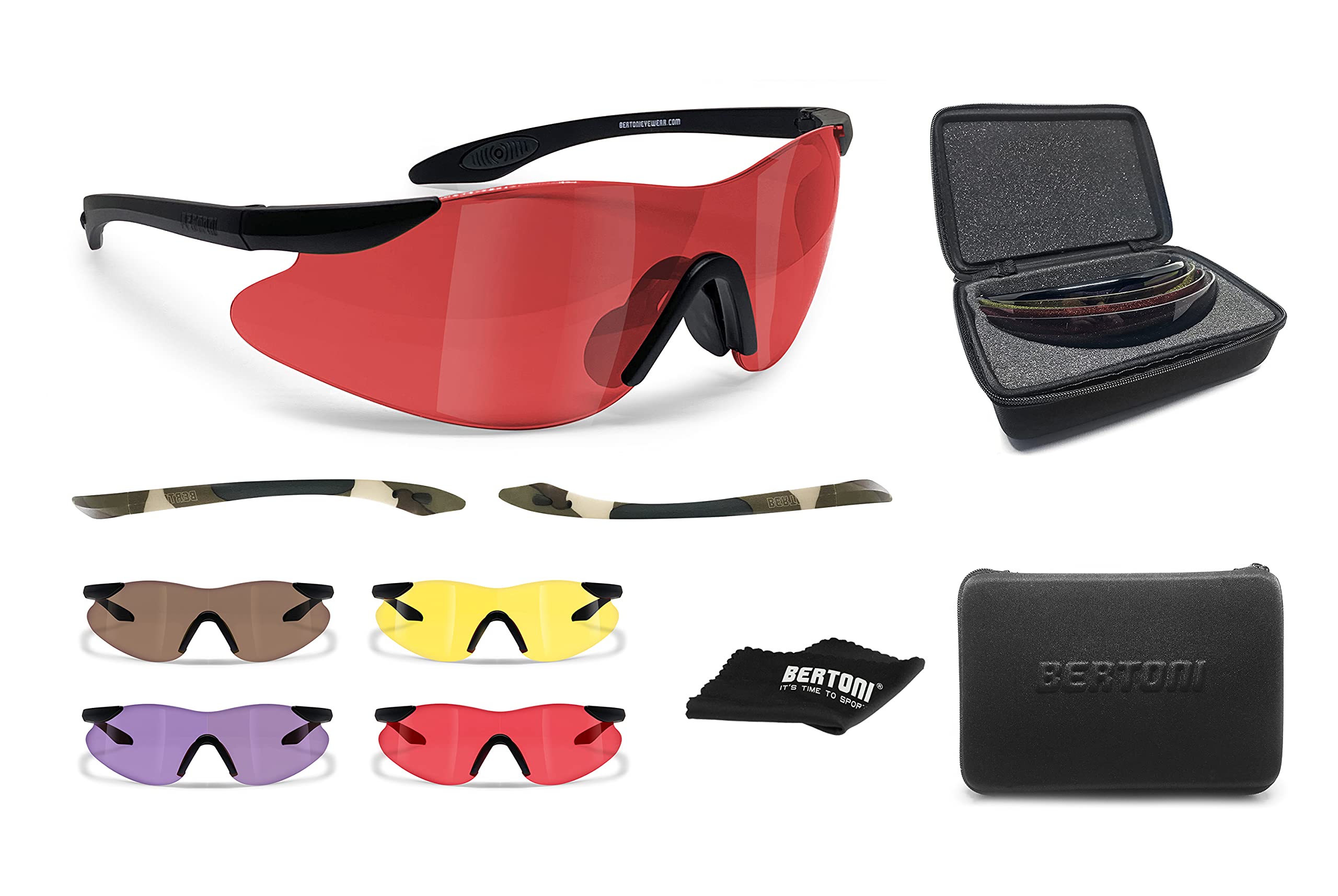BERTONI SH890 Tactical Shooting Glasses - 4 Interchangeable Anti-Fog Lenses with Carrying Case & Extra Arms | Protective Safety Eyewear for Hunting, Range Shooting & Outdoor Sports | Made in Italy