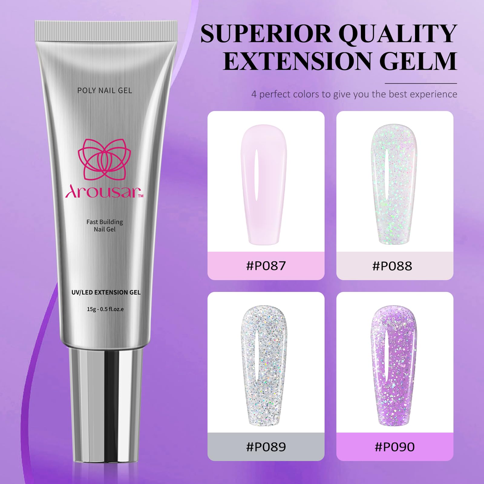 Arousar Nail Extension Gel Kit - 15ml x 4 Bottles (Sparkling Silver) with Anti-Slip Base & Top Coat, UV/LED Lamp & Nail Drill for Salon & DIY Manicure - Perfect for Beginners & Professionals | At-Home Nails, Salon Services, Party Glam Looks
