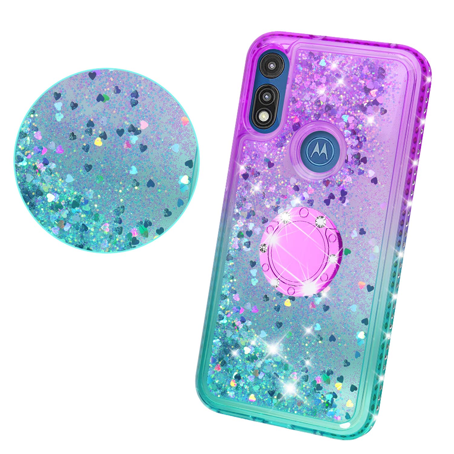 SOGA Rhinestone Liquid Quicksand Phone Case for Motorola Moto E7 - Sparkly Glitter Cover with Magnetic Ring Holder for Car Mount & Lanyard, Purple Teal Gradient - Perfect for Girls, Women, Daily Use & Gift Giving