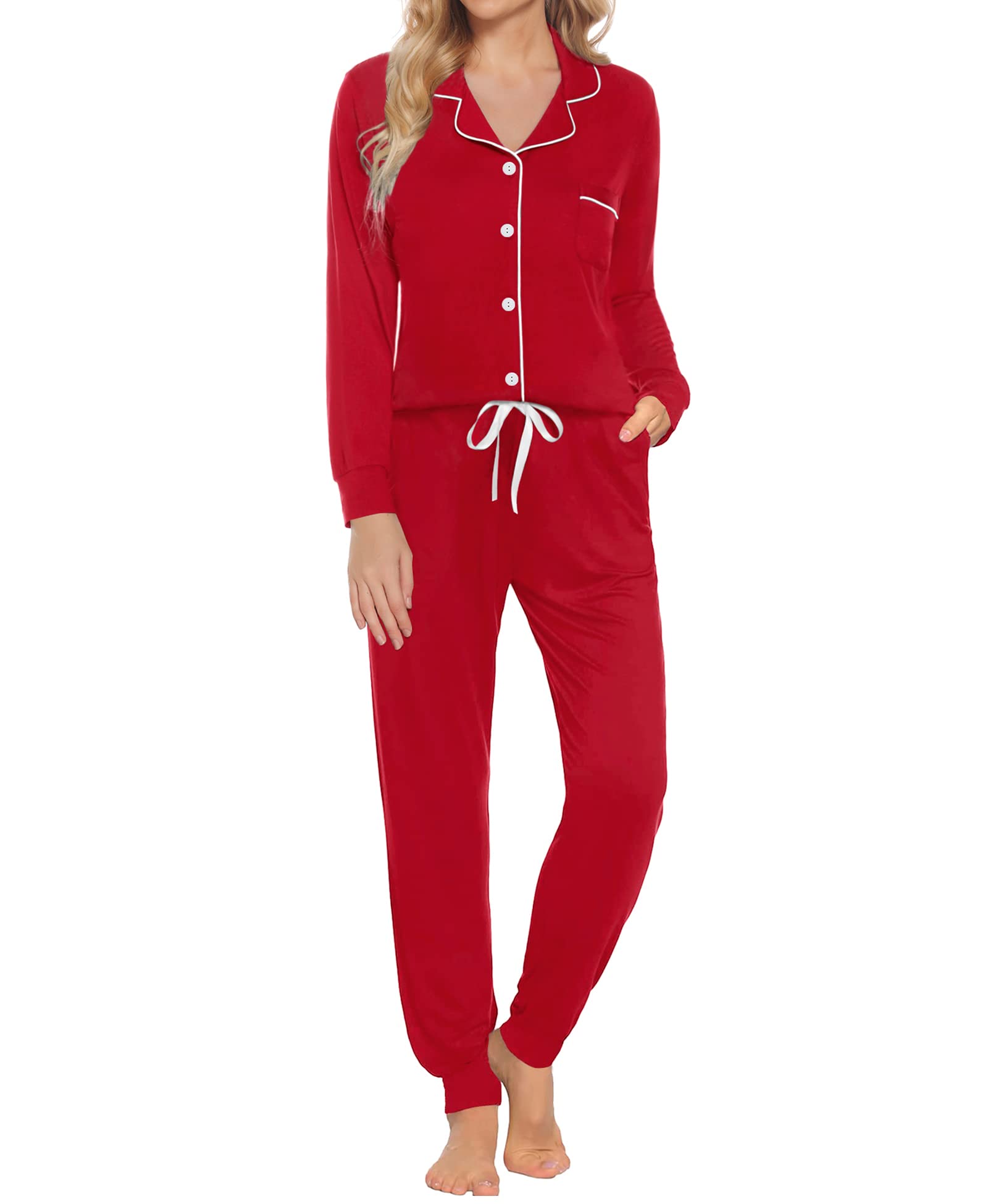 SWOMOG Women's Long Sleeve Pajama Set - Soft Button Down Sleepwear with Pockets, Comfy Jogger Pants for Nightwear & Lounge Wear - Perfect for Relaxing at Home, Sleepovers and Cozy Evenings
