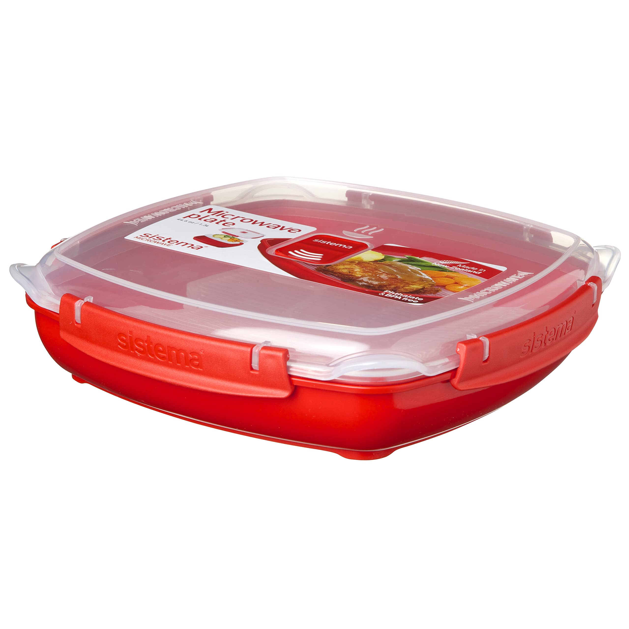Sistema Microwave Collection Plate with Removable Steaming Rack - 44.6 oz (1.3L) Large BPA-Free Food Storage Container - Red - Perfect for Meal Prep, Reheating & Steam Cooking in Microwave