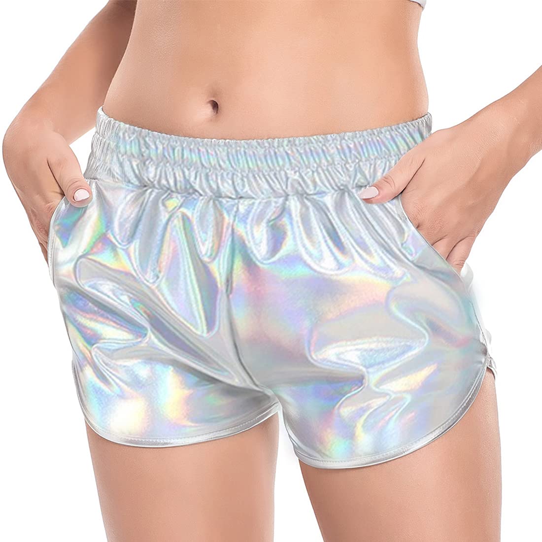 Women's Metallic High Waist Shorts - Shiny Disco Pants with Elastic Waistband for Rave, Dance, Club & Festival Outfits | Perfect for Nightlife, Concerts and Summer Parties