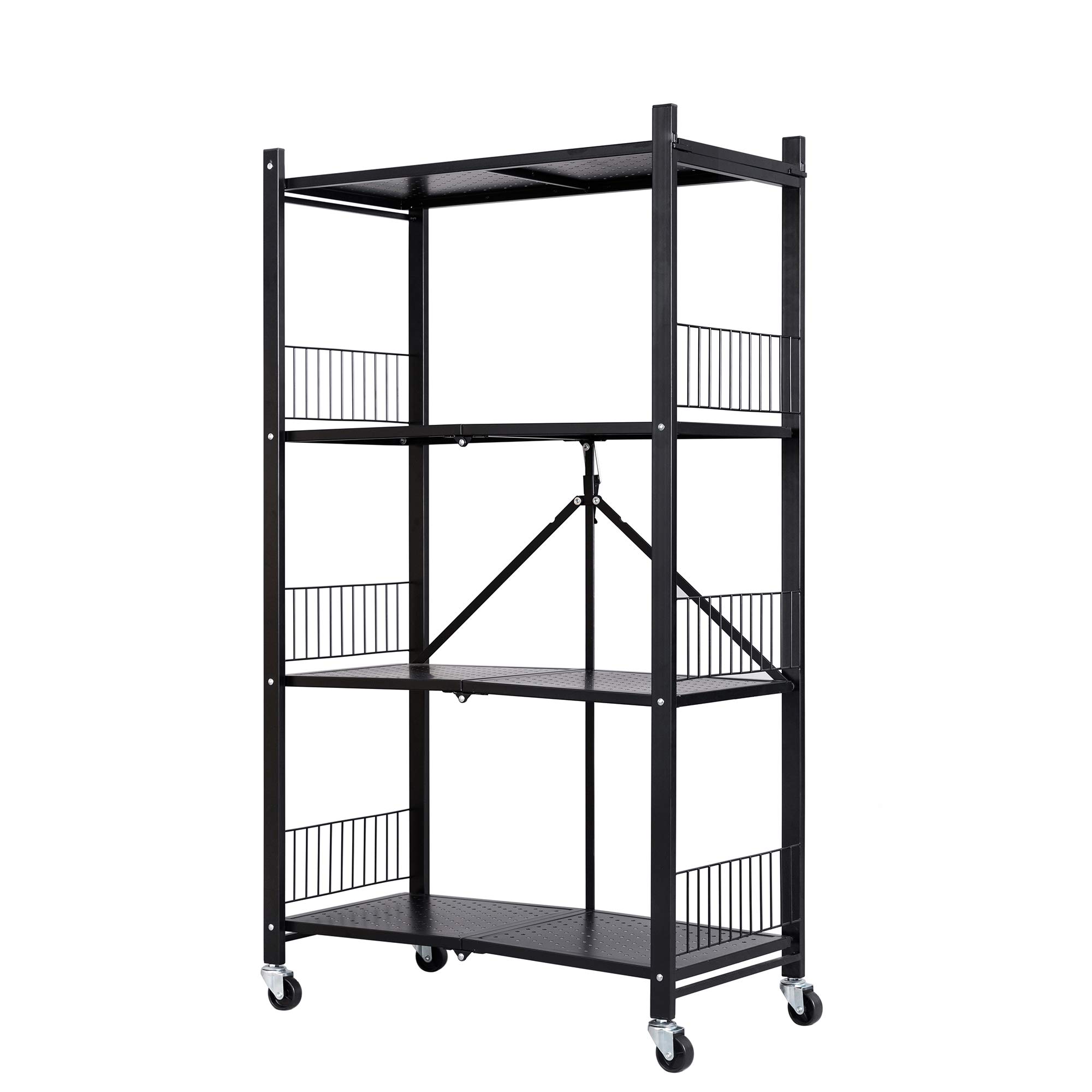 4-Tier Foldable Storage Shelf Unit with Wheels - Portable Organizer Cart for Garage, Kitchen, Warehouse, Patio, Plants & Basement - Space-Saving Mobile Storage Solution (Black) - Perfect for Home Organization, Small Spaces & Temporary Storage Needs
