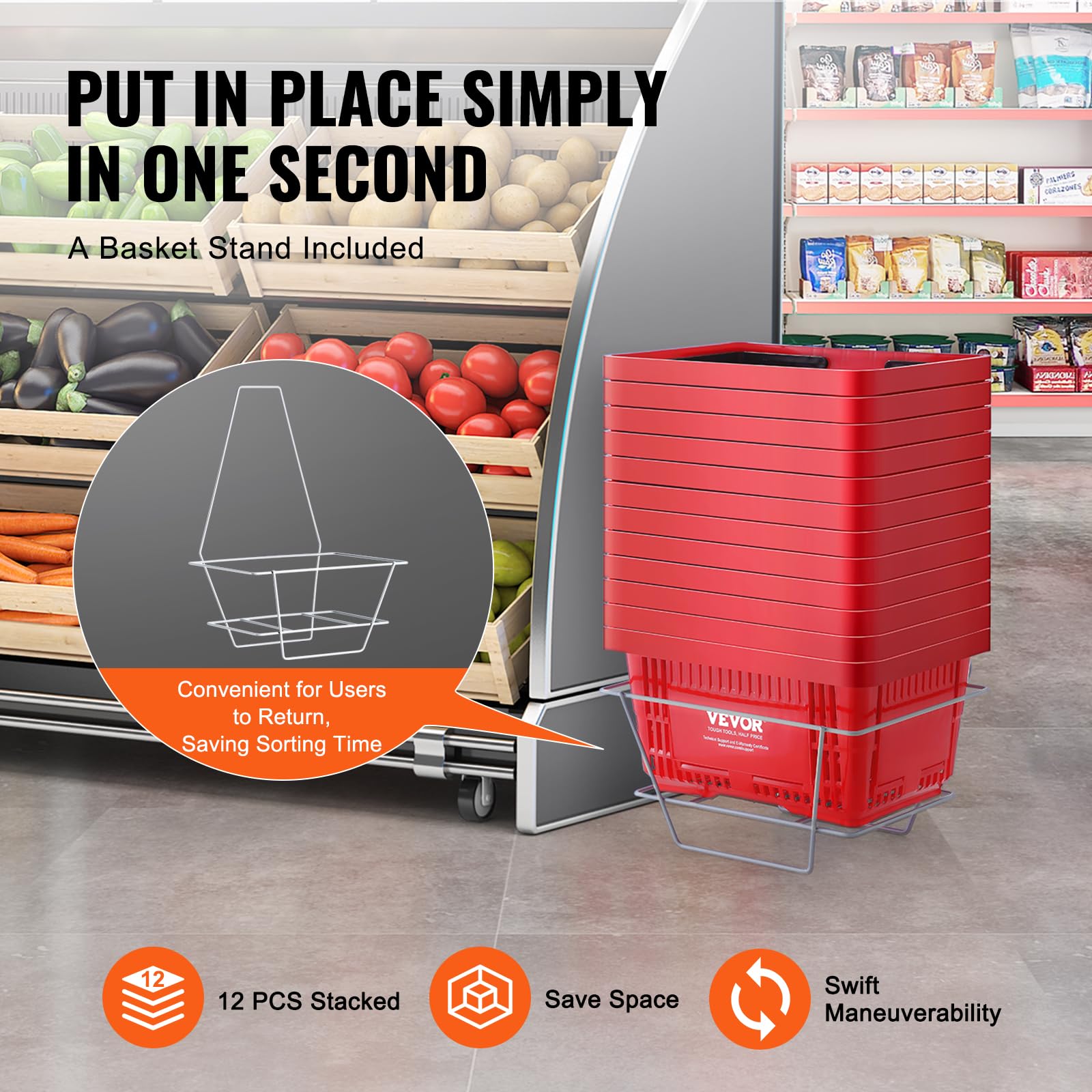 VEVOR 12-Pack Durable Plastic Shopping Baskets with Handles & Stand - 24L Capacity (16.73