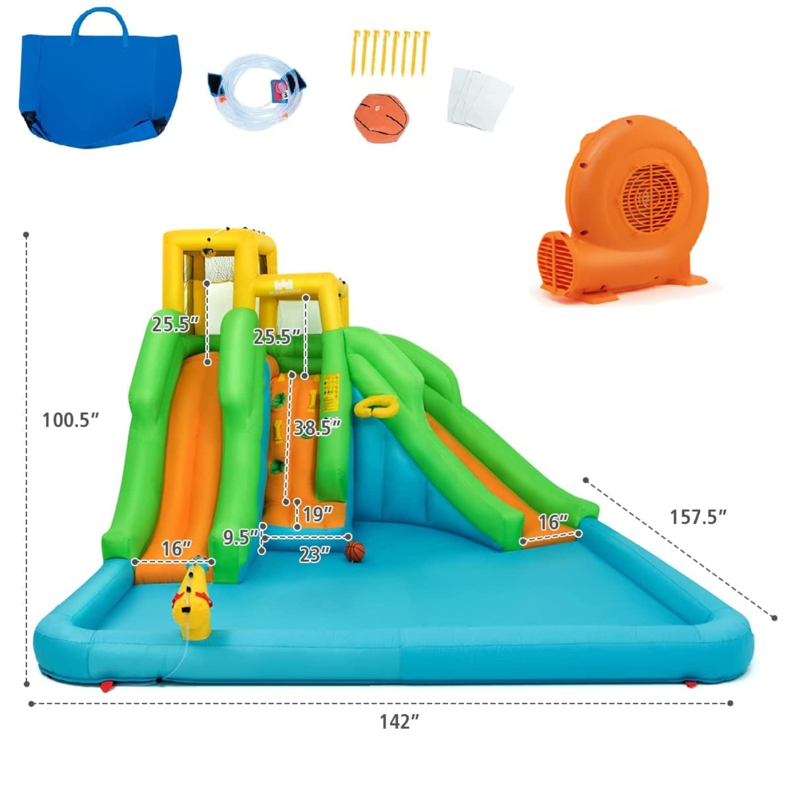 BOUNTECH 6-in-1 Inflatable Water Slide Park with 550W GFCI Blower - Giant Backyard Water Slides for Kids & Adults, 2 Slides & Splash Pool - Perfect for Summer Parties, Birthday Gifts & Outdoor Family Fun