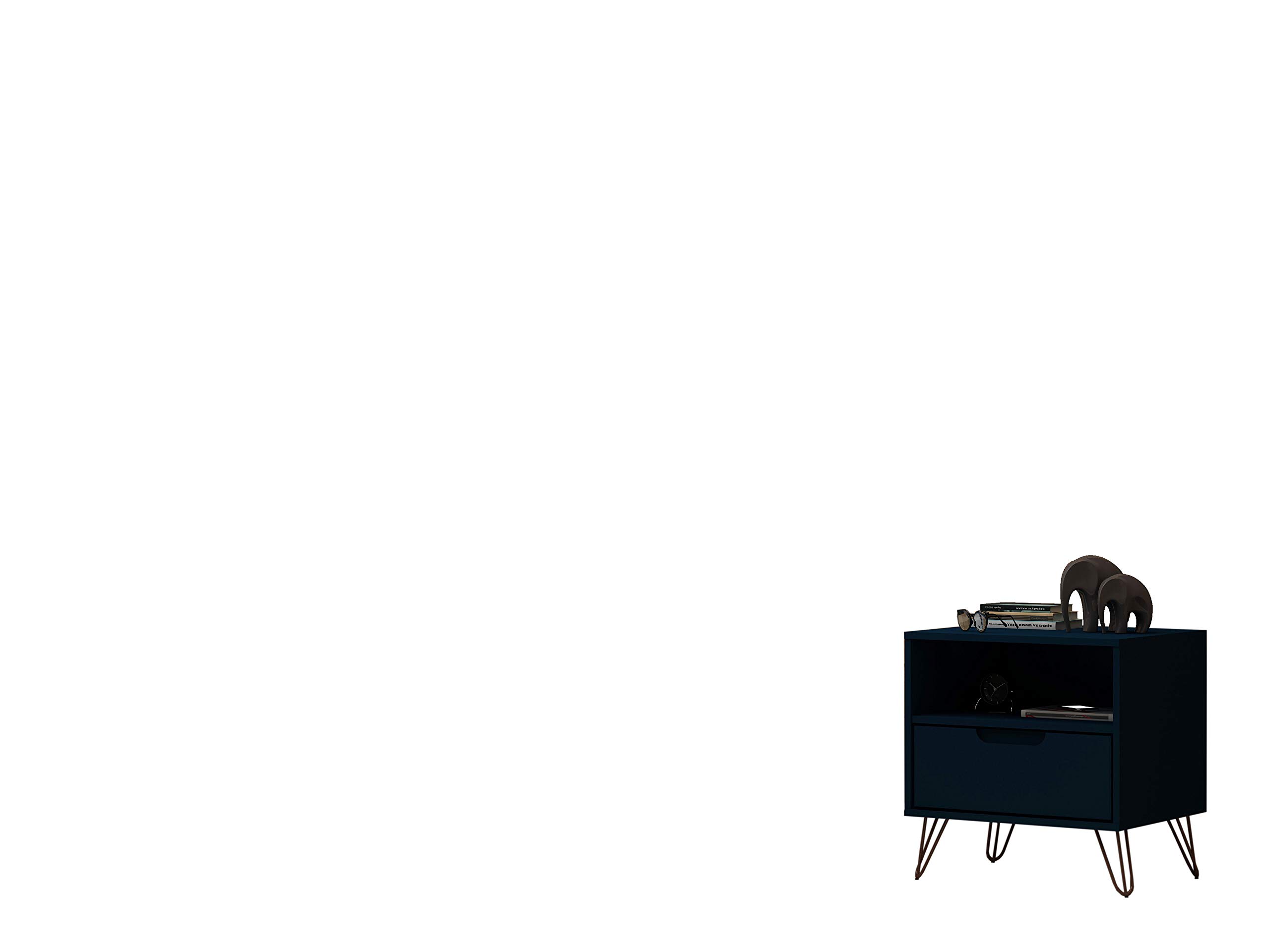 Mid Century Modern Nightstand with Drawer & Cubby - Minimalist Bedside Table for Bedroom & Living Room - Storage Organizer Display Shelf - Midnight Blue - Perfect for Small Spaces & Apartment Decor