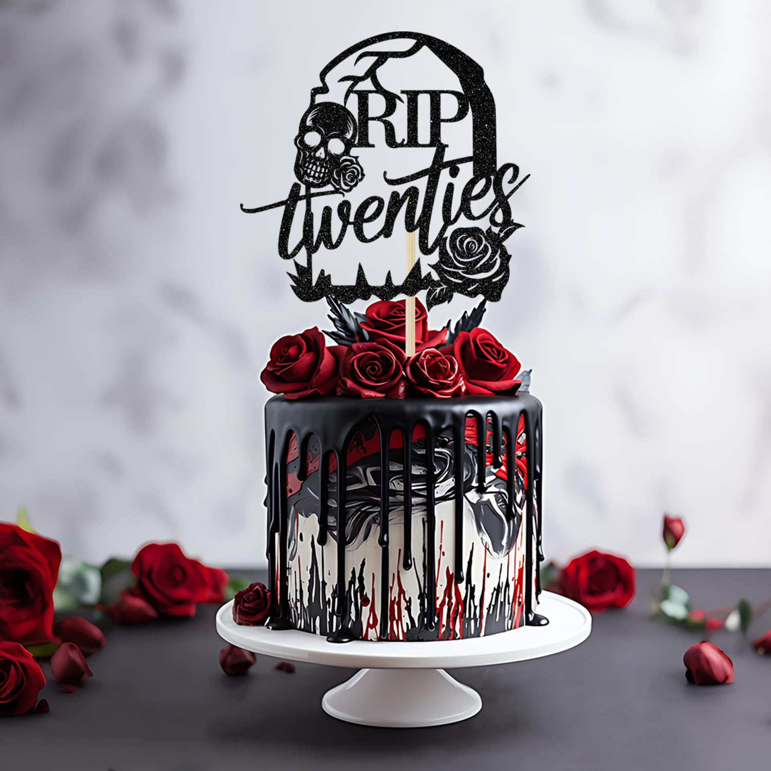 Rip Twenties Cake Topper - Death to My 20s Birthday Decor - Black Glitter Funeral Themed Cake Decoration for 30th Birthday Parties | Perfect for Milestone Celebrations & Dark Humor Themes