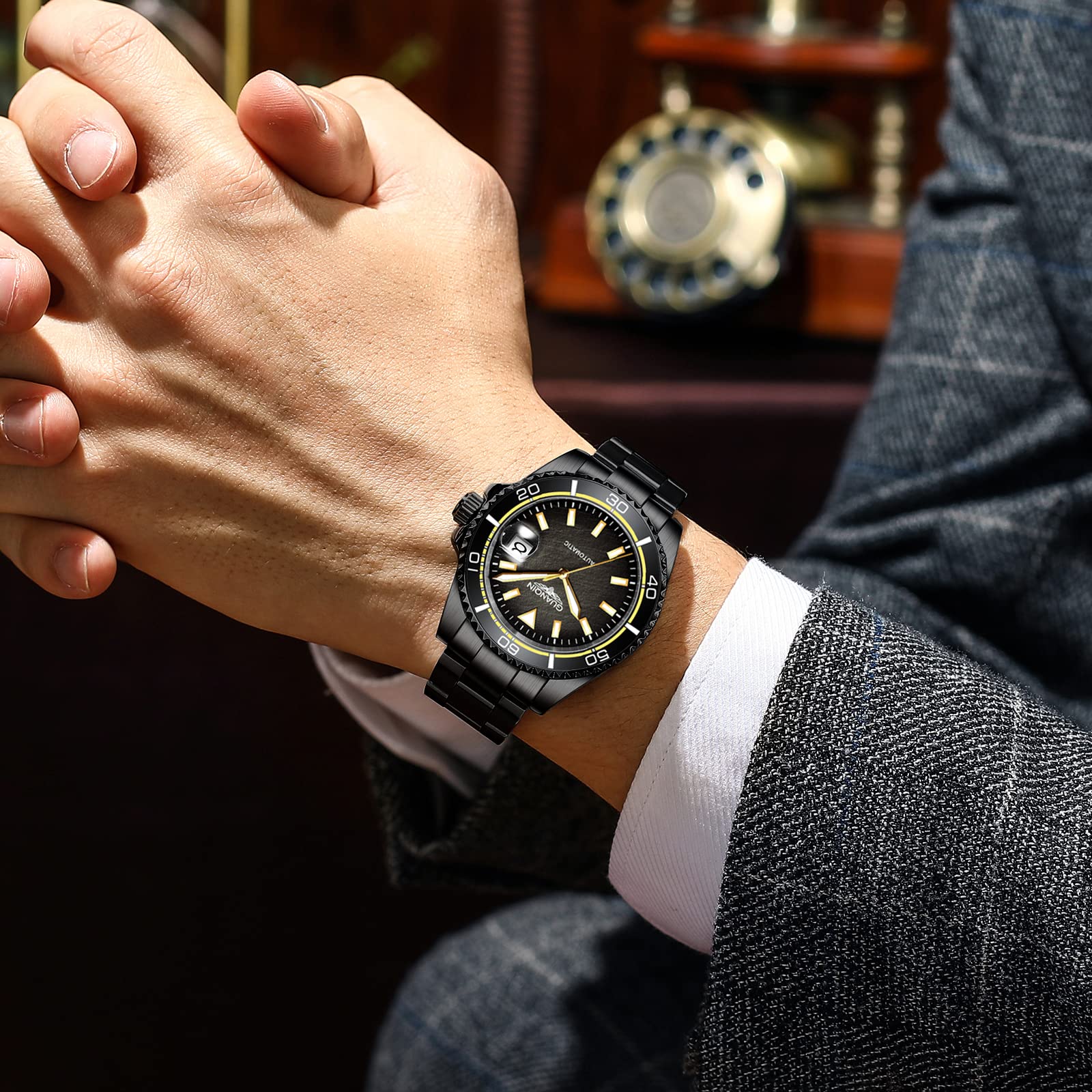 Guanqin Men's Automatic Mechanical Watch - Ceramic Bezel, Stainless Steel Case, Granite Dial - Business, Formal & Sports Watch for Office, Wedding & Outdoor Activities