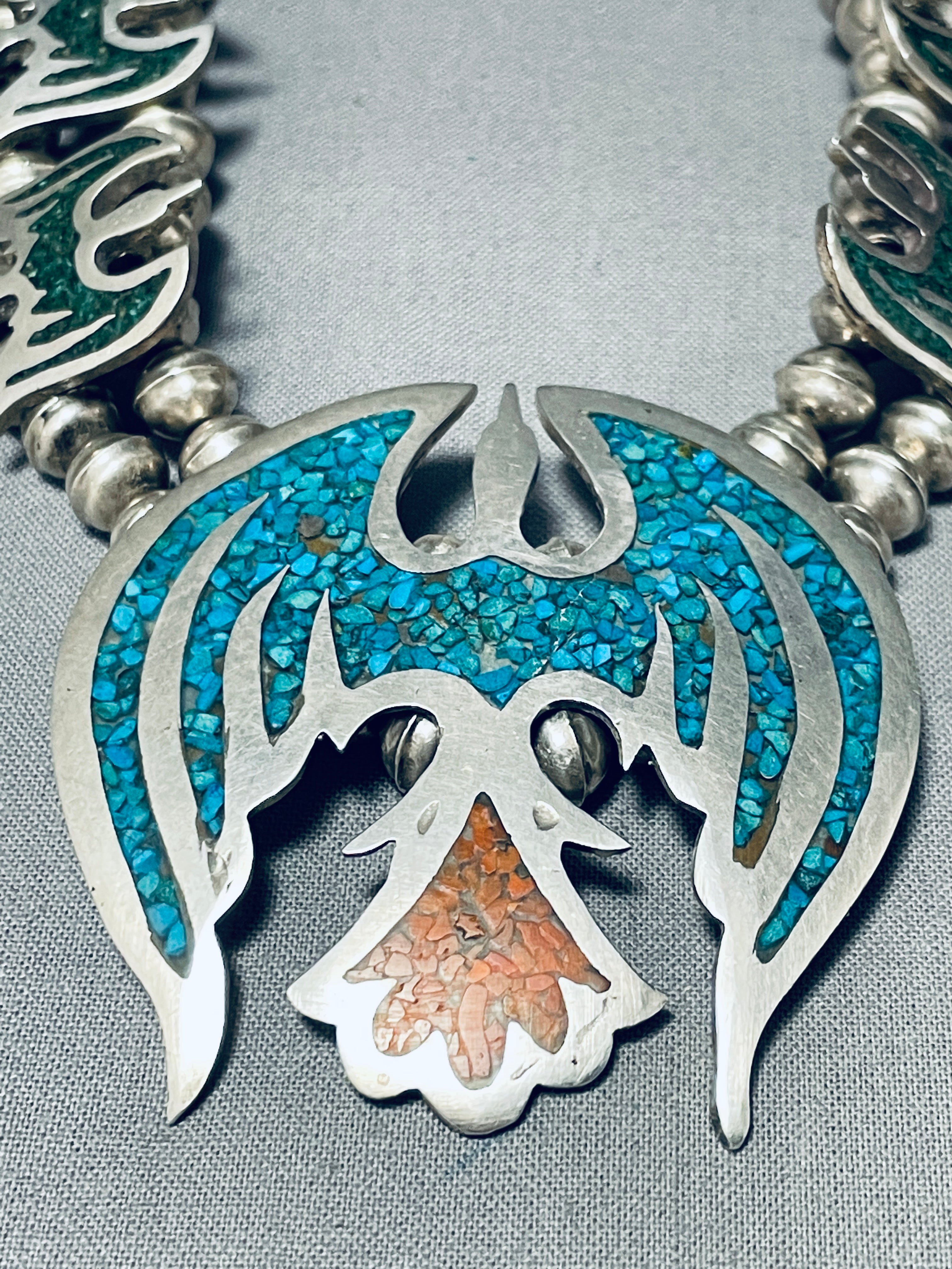 124 Gram Vintage Native American Navajo Turquoise Inlay Sterling Silver Squash Blossom Necklace - Handcrafted Southwest Jewelry for Women, Perfect for Boho Fashion, Weddings & Special Occasions