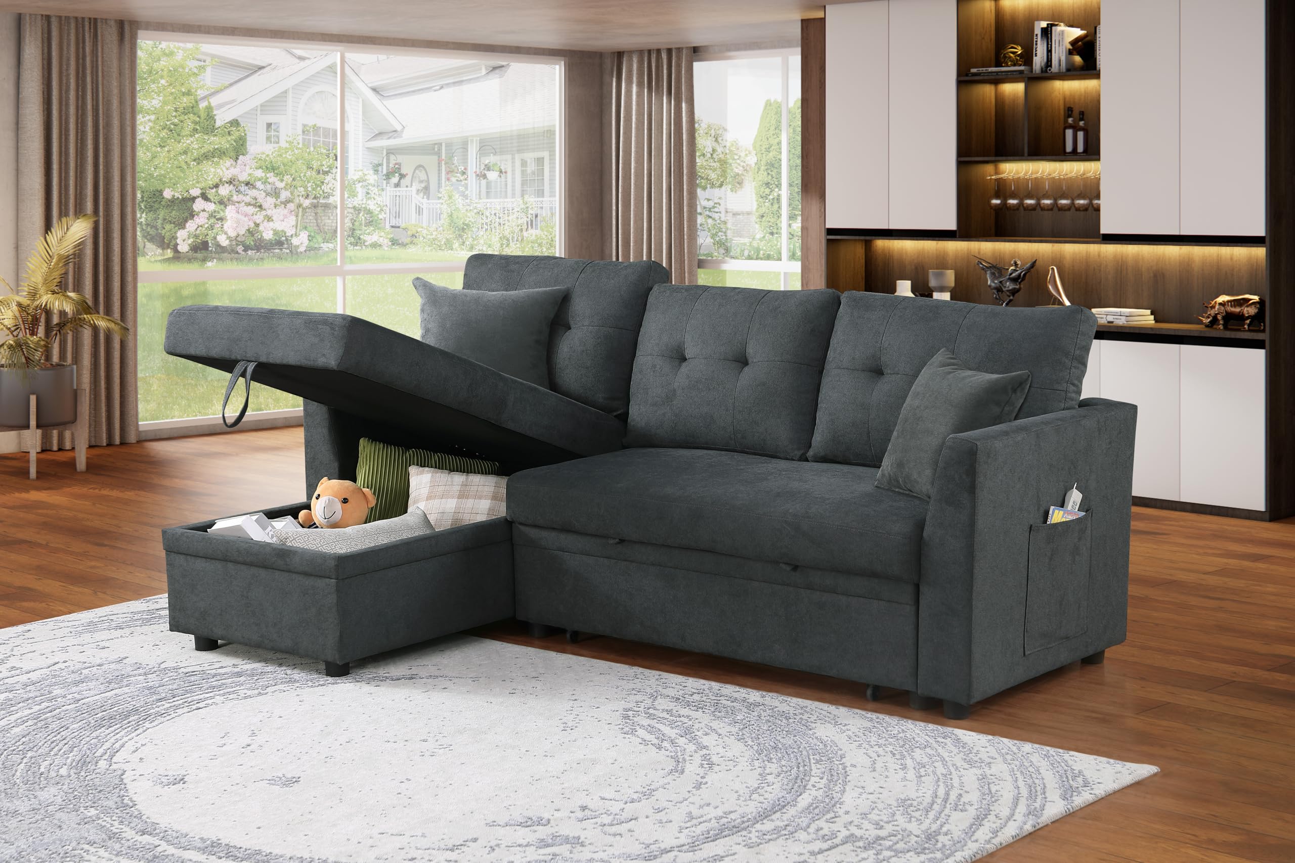 ERYE Reversible L-Shaped Sleeper Sofa with Storage Chaise - Modern Velvet Upholstered Sectional Sofabed with USB Charging Ports, Side Pockets & 2 Pillows - Perfect for Small Spaces, Apartments & Living Rooms