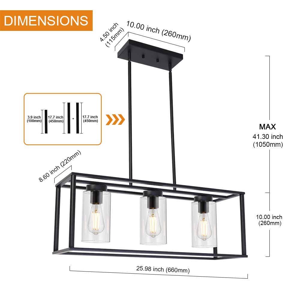VINLUZ 3-Light Black Modern Chandelier - Contemporary Linear Pendant Light for Dining Room, Kitchen Island, Farmhouse | Glass Shade Hanging Fixture | Perfect for Home Decor, Restaurant Lighting & Interior Design