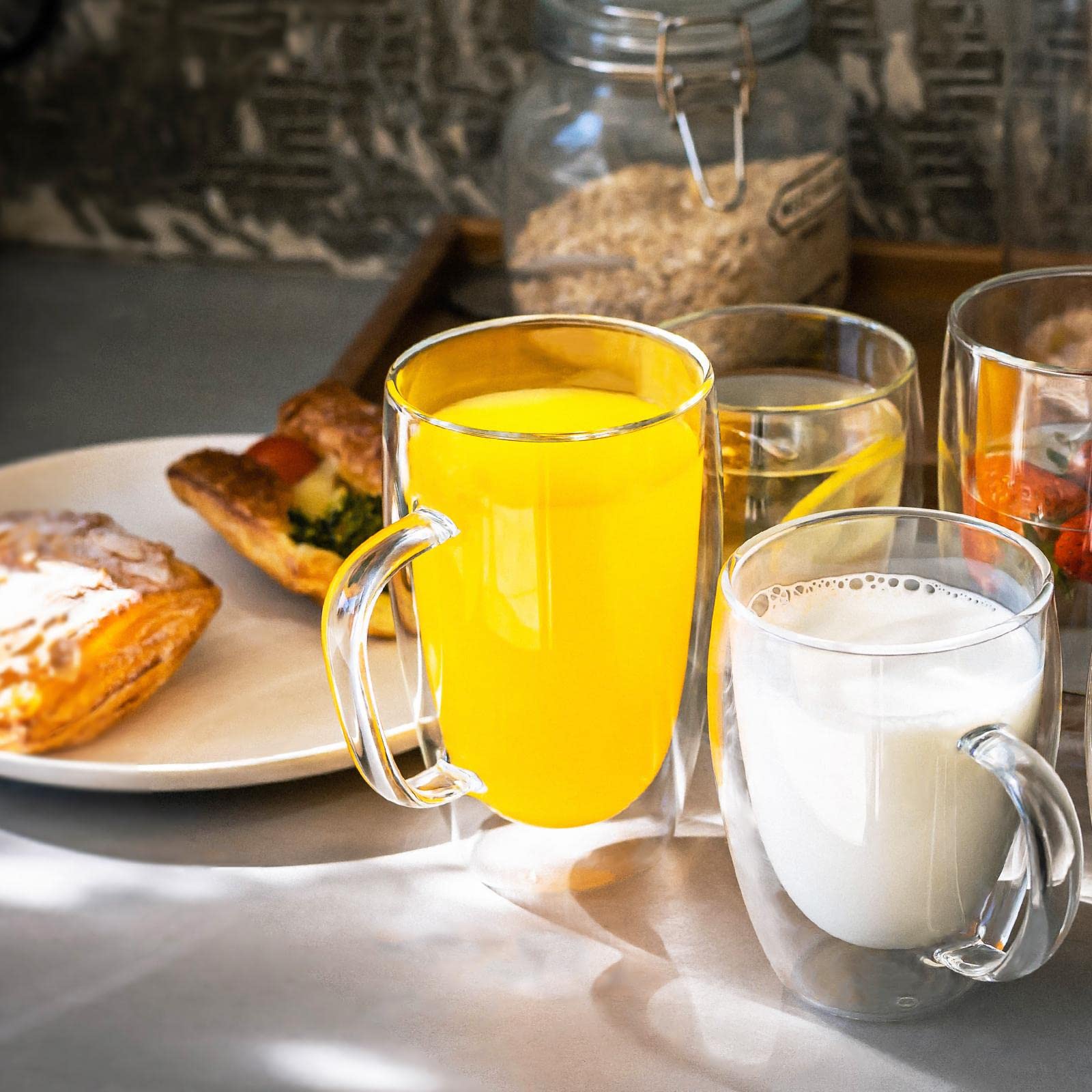 COMOOO 12oz Set of 2 Double Wall Insulated Glass Coffee Mugs with Handle - Clear Borosilicate Glass Cups for Hot & Cold Drinks - Perfect for Coffee, Tea, Latte, Espresso, Cappuccino - Ideal for Home, Office, Cafe & Gifts
